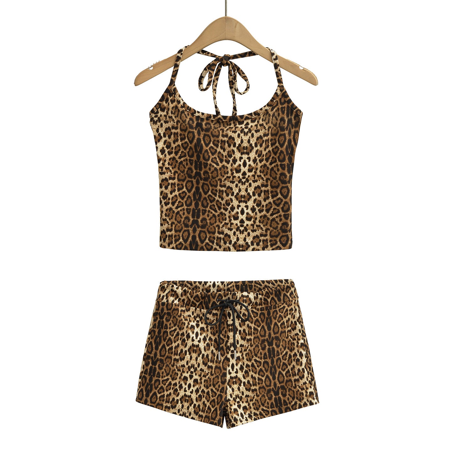 Two piece leopard print halter top+drawstring low waisted shorts