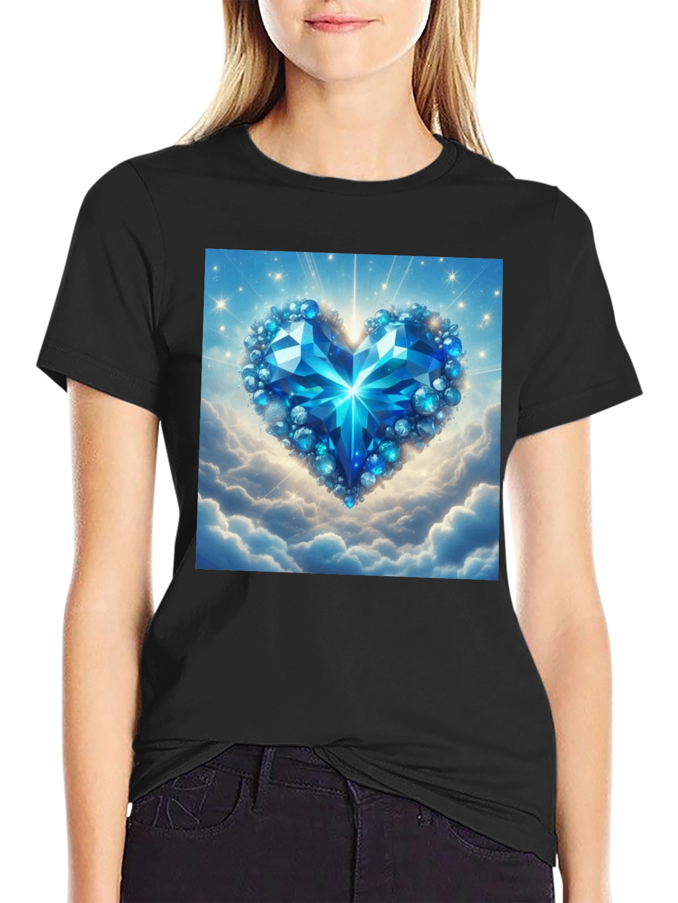 Blue Crystal Heart Graphic T-Shirt