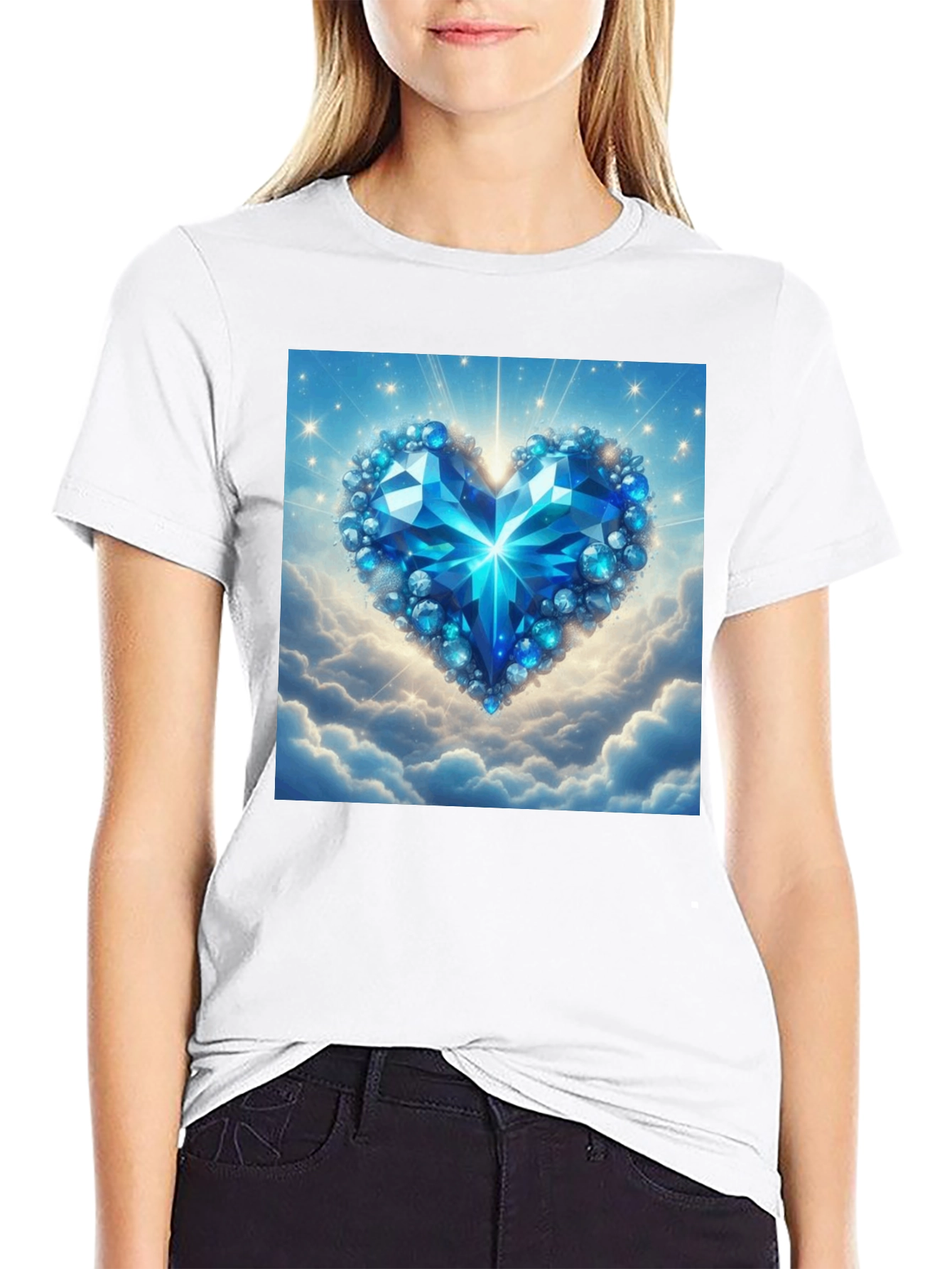 Blue Crystal Heart Graphic T-Shirt