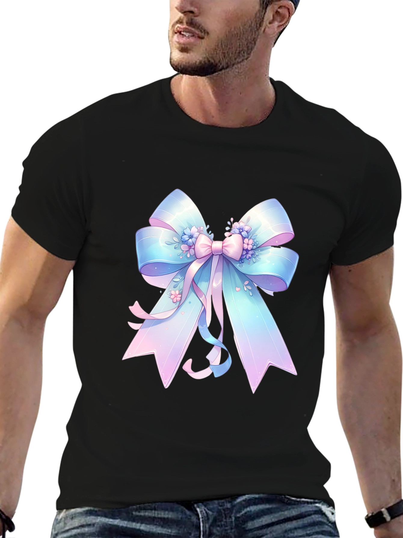 Pastel Ribbon Graphic Tee - Black Cotton Blend