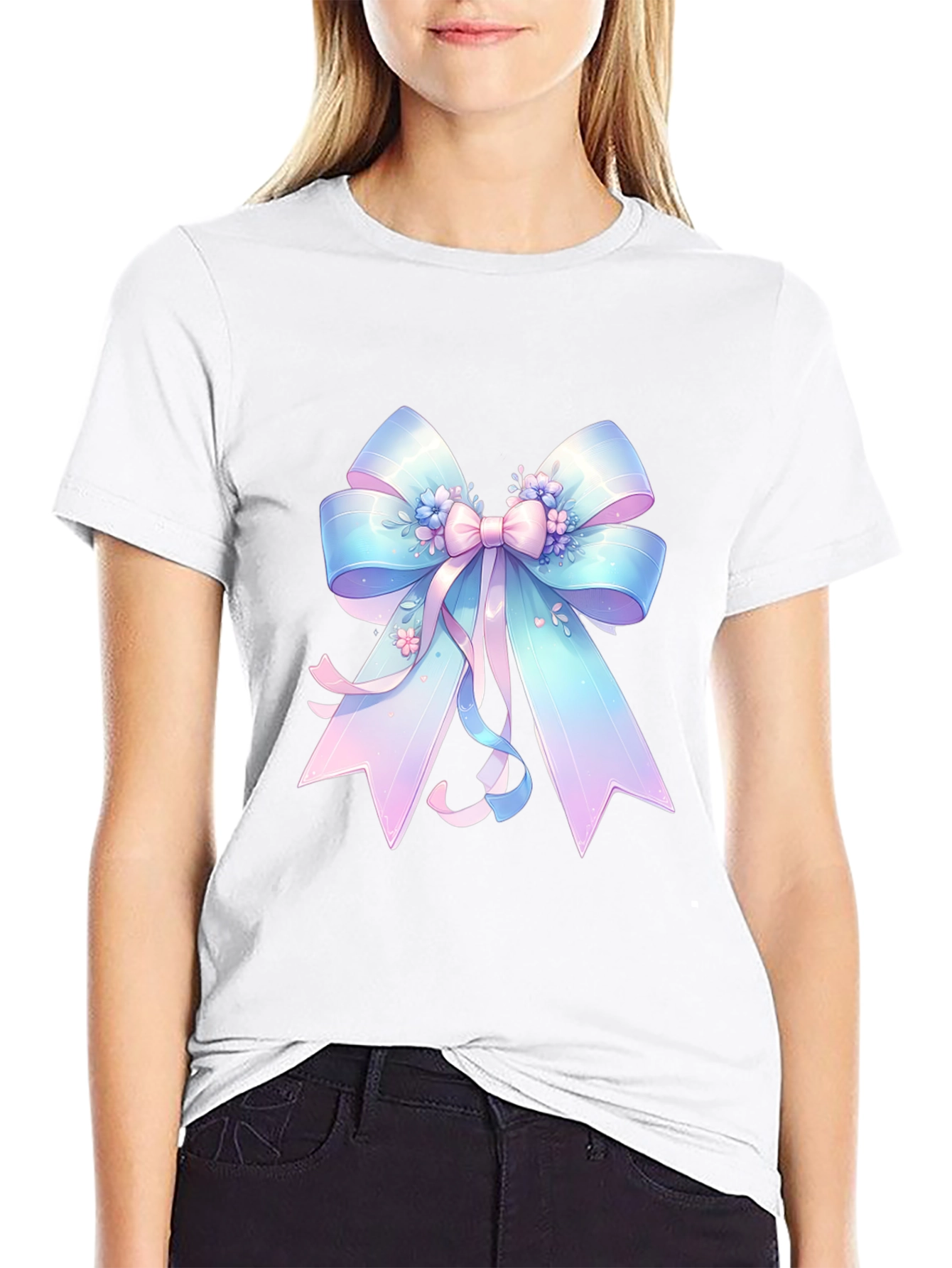 Pastel Ribbon Graphic Tee - Black Cotton Blend
