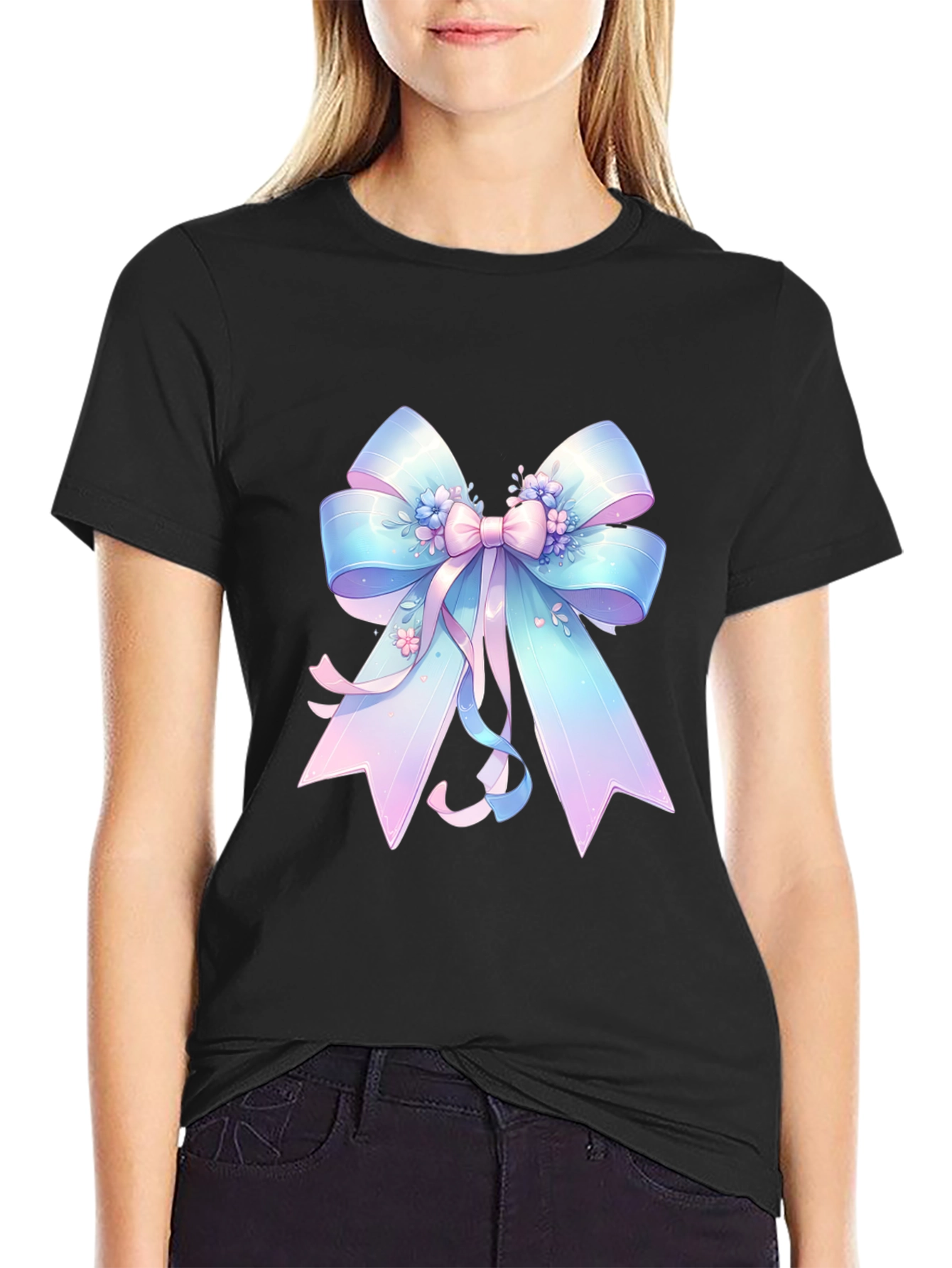 Pastel Ribbon Graphic Tee - Black Cotton Blend