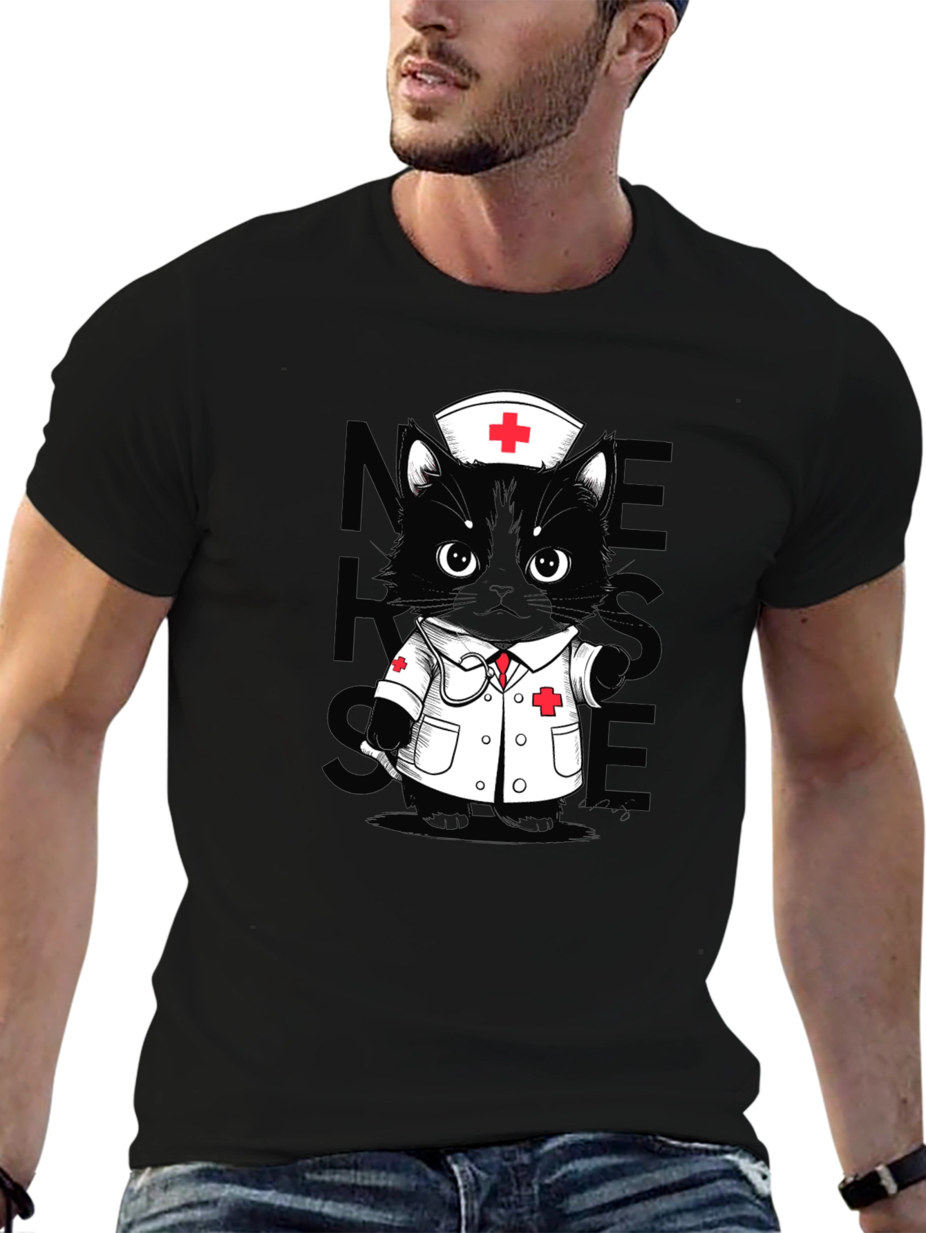 Nurse Cat T-Shirt - Unisex Black Tee