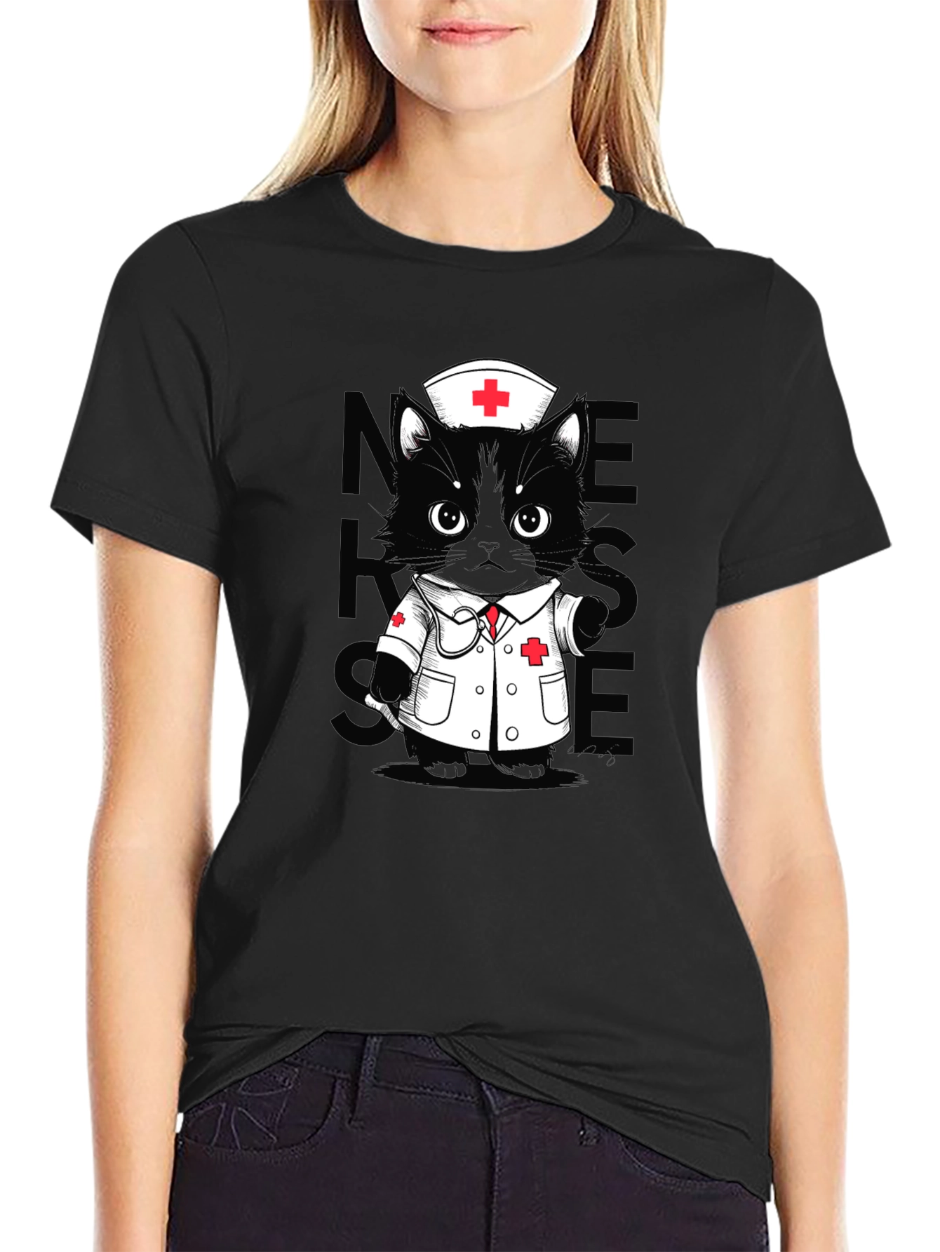 Nurse Cat T-Shirt - Unisex Black Tee