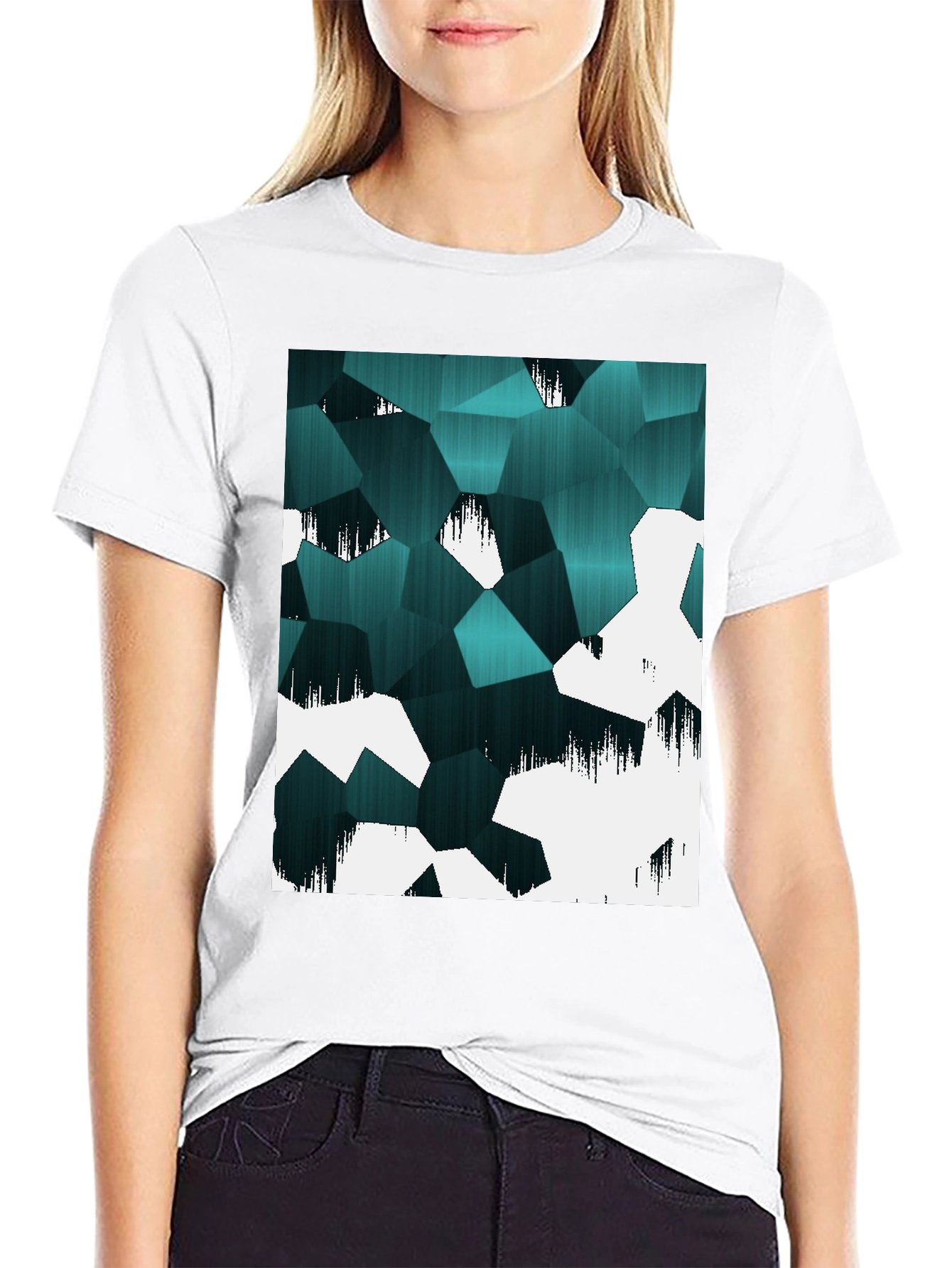 Abstract Geometric Teal & White Graphic T-Shirt