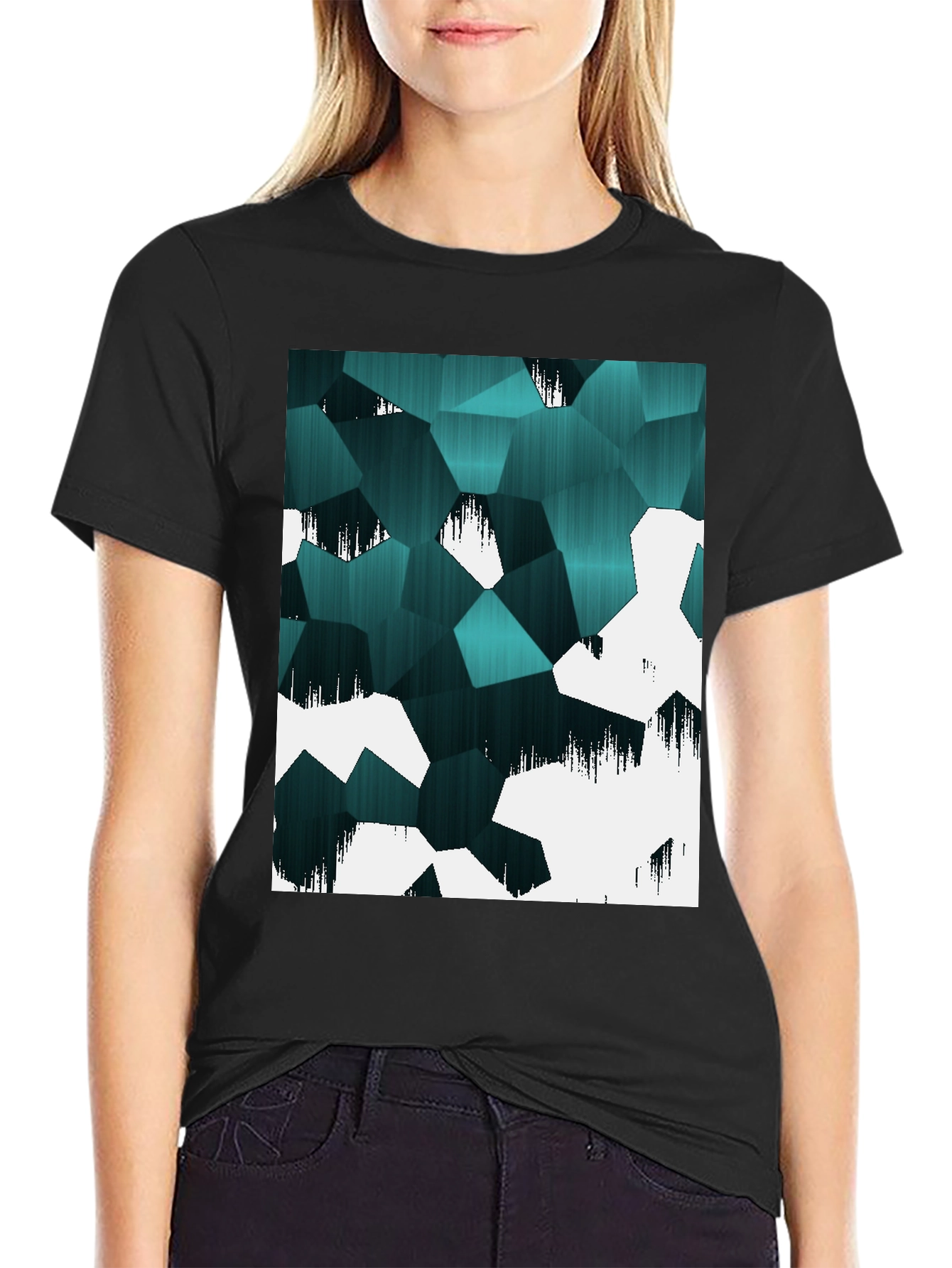 Abstract Geometric Teal & White Graphic T-Shirt