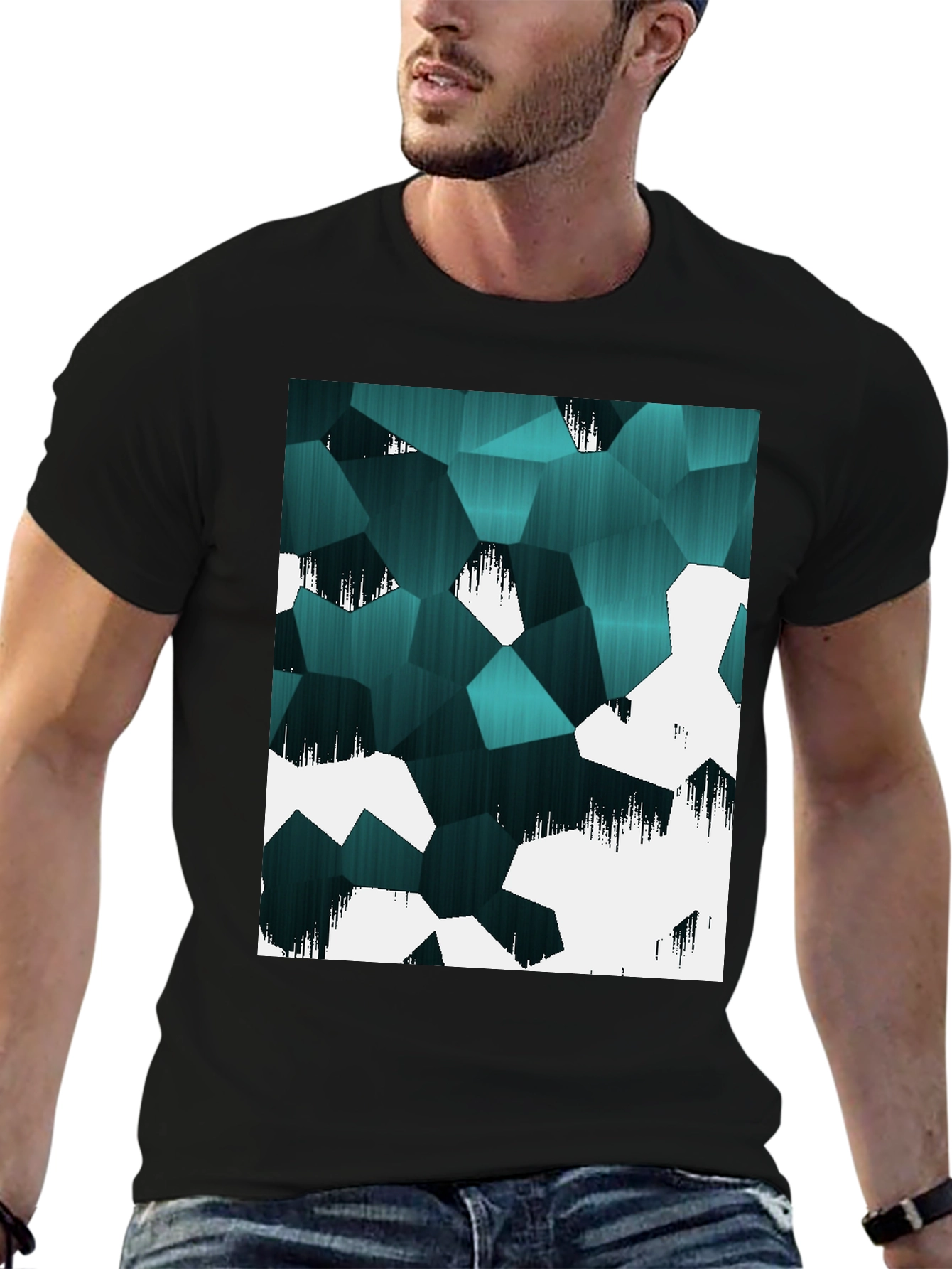 Abstract Geometric Teal & White Graphic T-Shirt