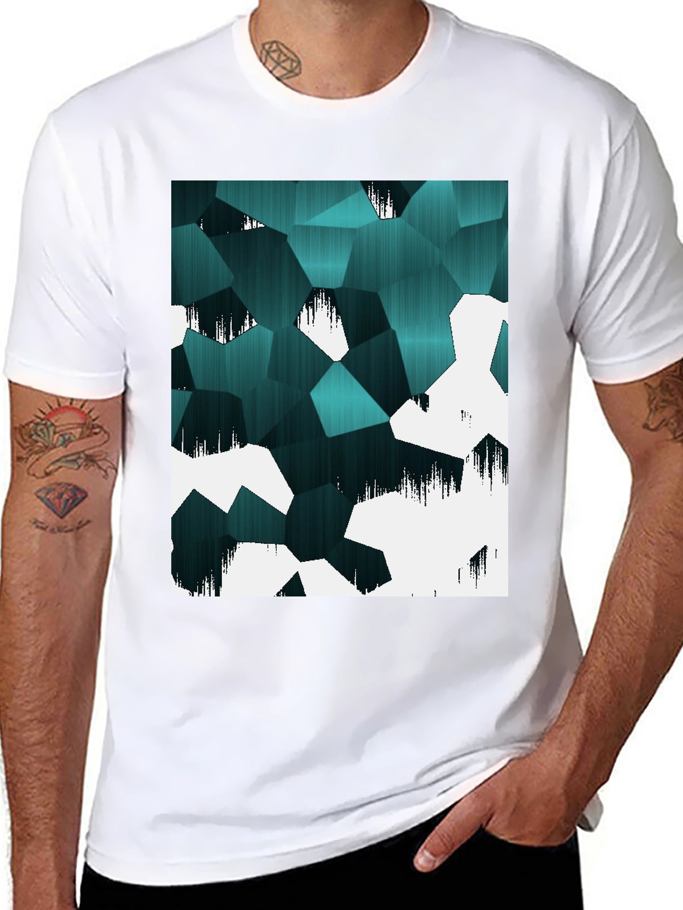 Abstract Geometric Teal & White Graphic T-Shirt