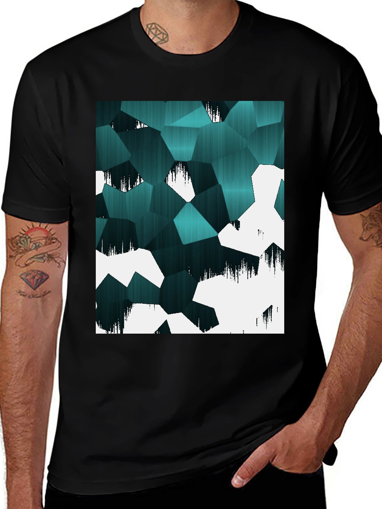 Abstract Geometric Teal & White Graphic T-Shirt