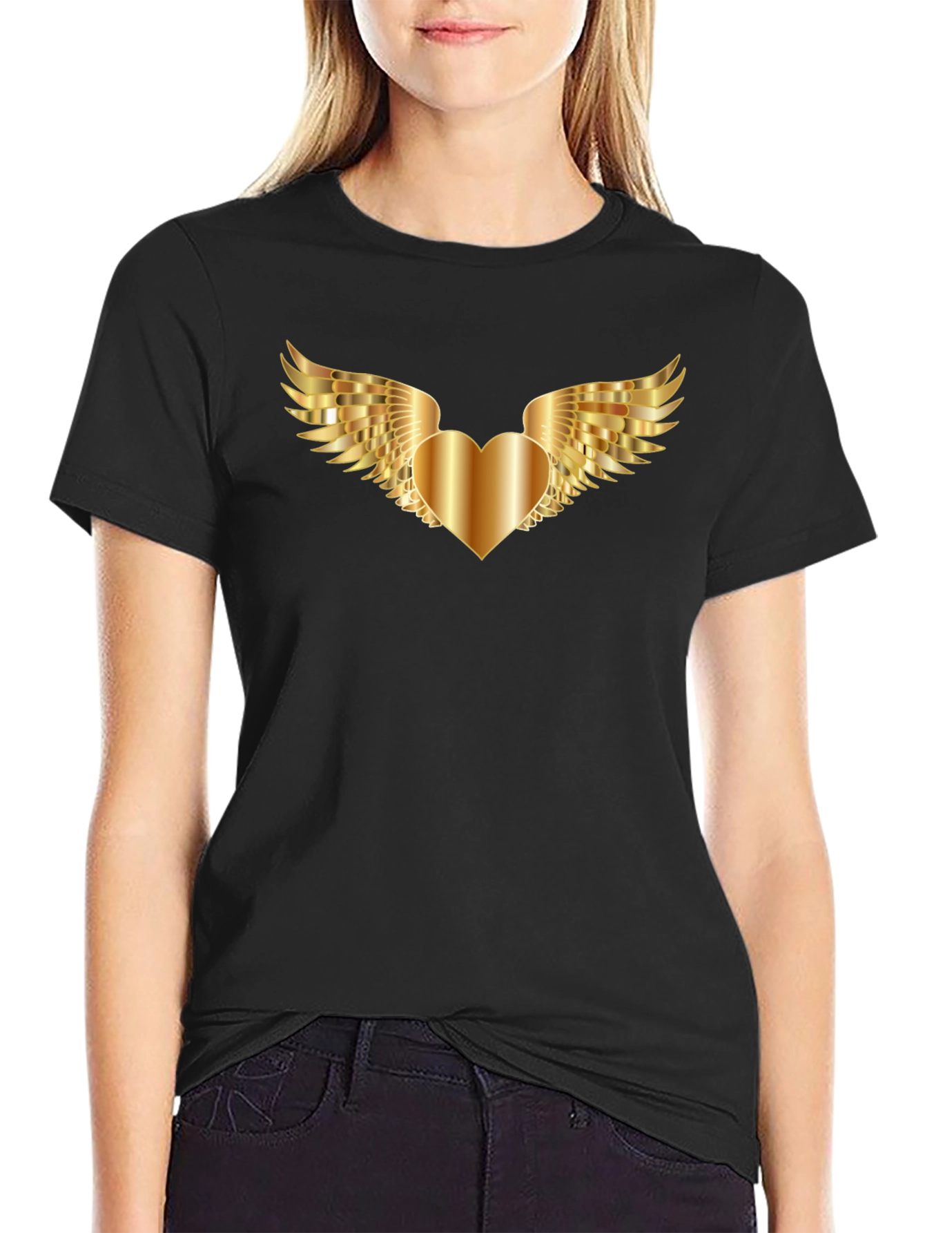 Golden Heart Wings Graphic Tee - Black