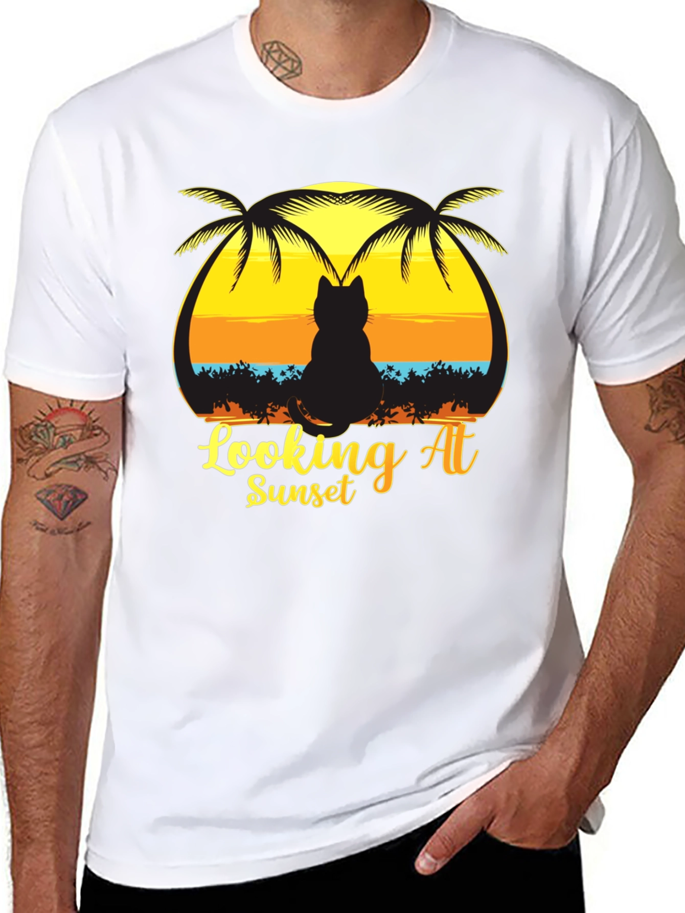 Cat Looking at Sunset T-Shirt Black