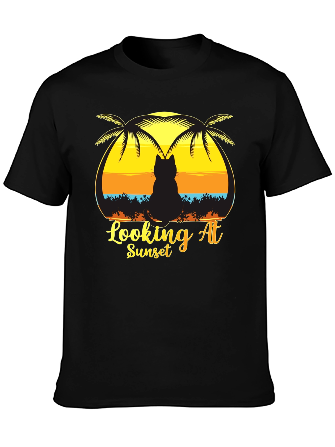 Cat Looking at Sunset T-Shirt Black
