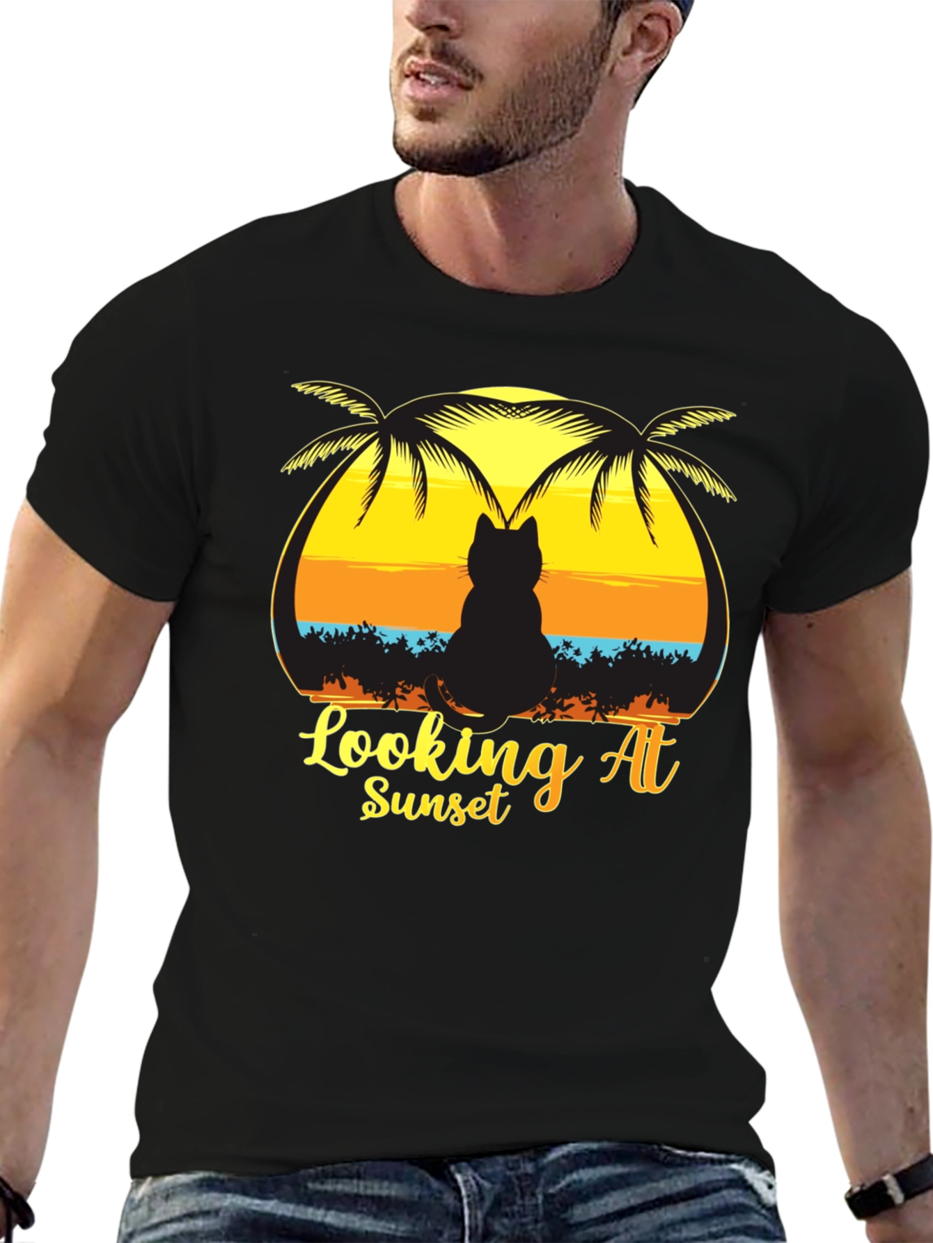 Cat Looking at Sunset T-Shirt Black