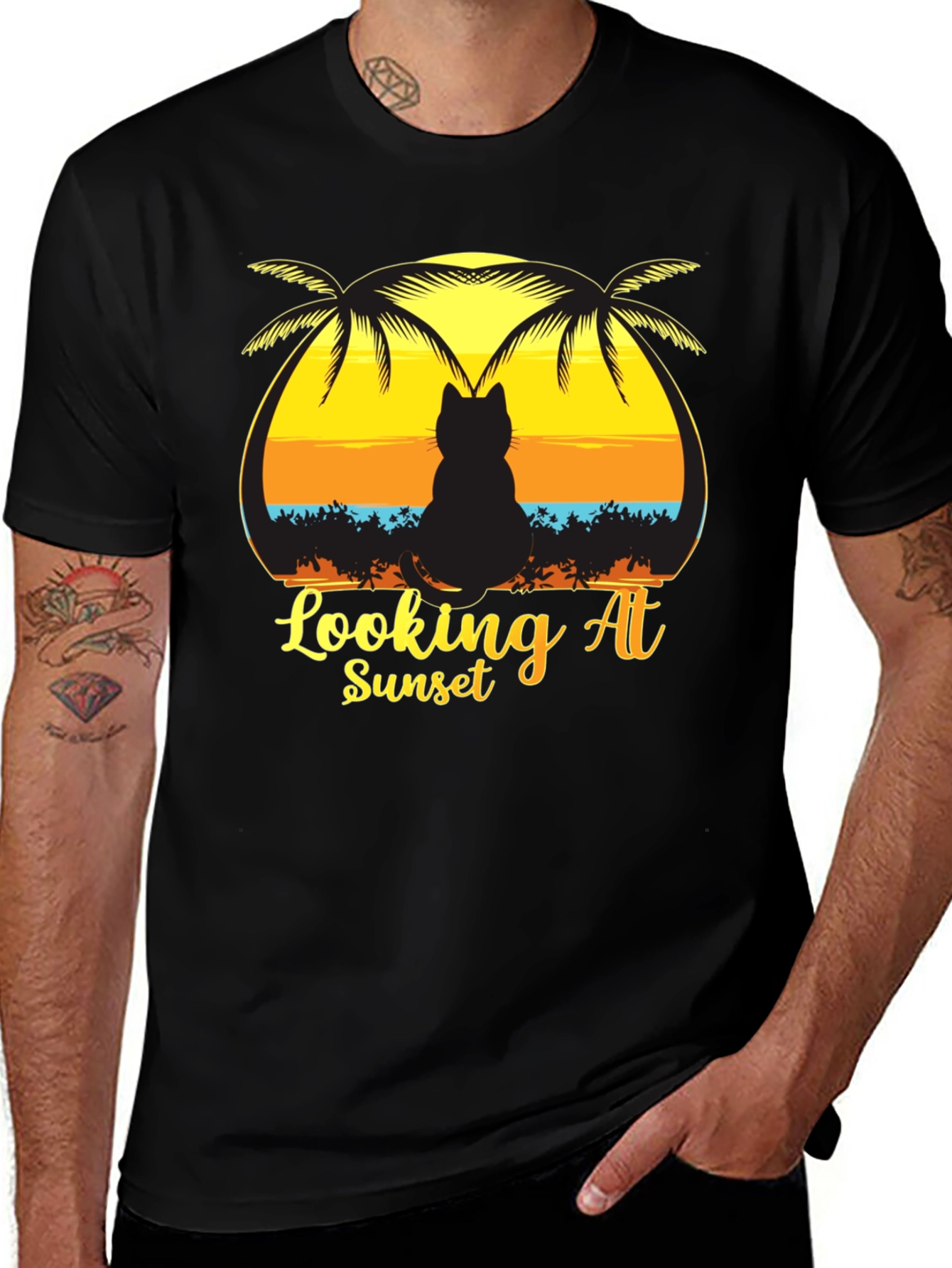 Cat Looking at Sunset T-Shirt Black
