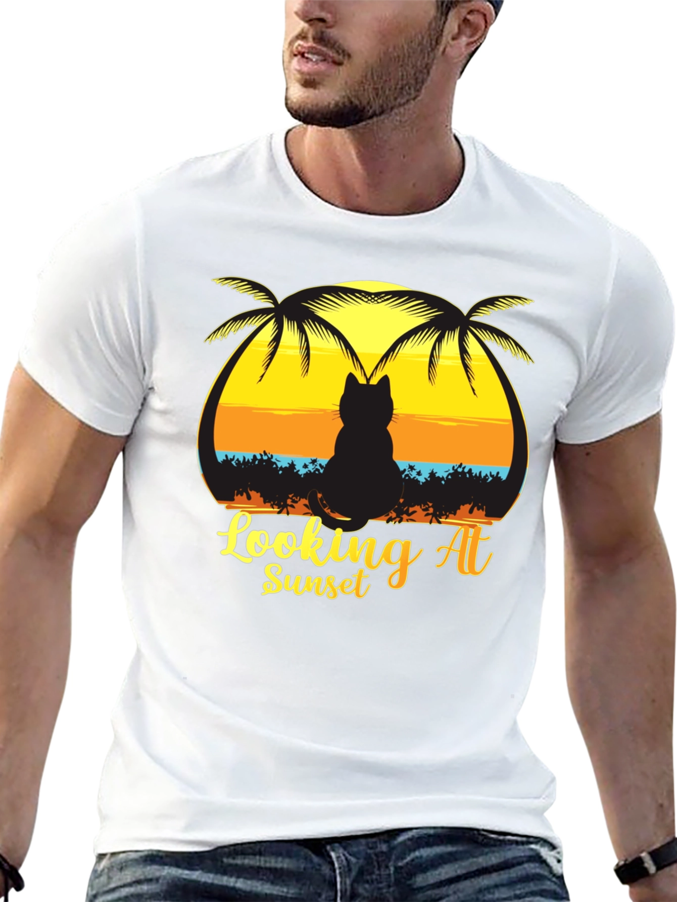 Cat Looking at Sunset T-Shirt Black