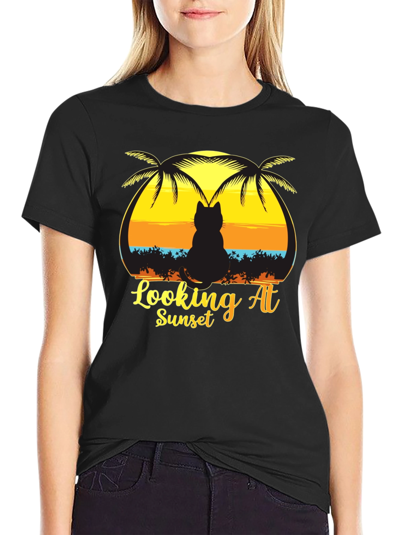 Cat Looking at Sunset T-Shirt Black