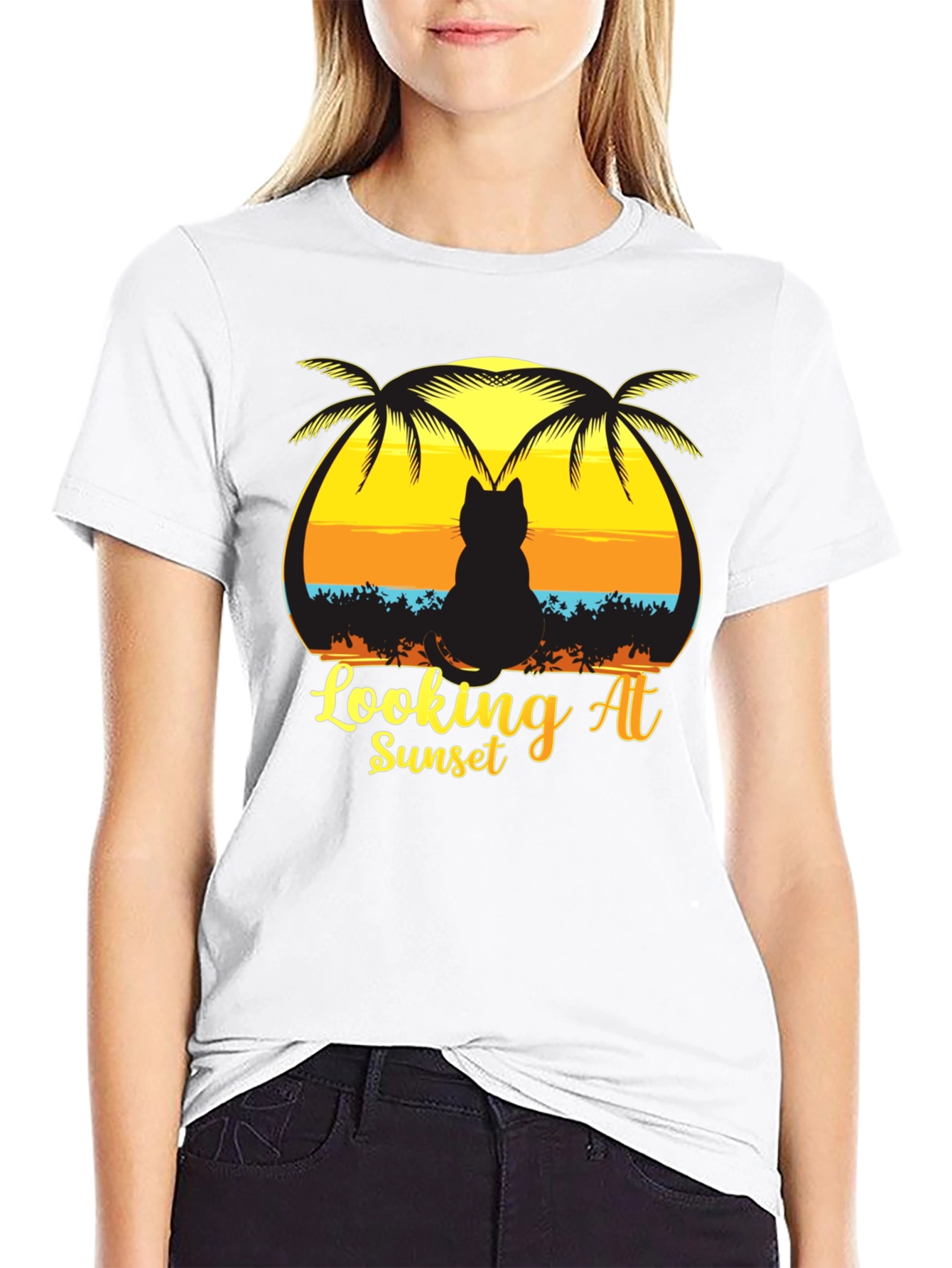 Cat Looking at Sunset T-Shirt Black