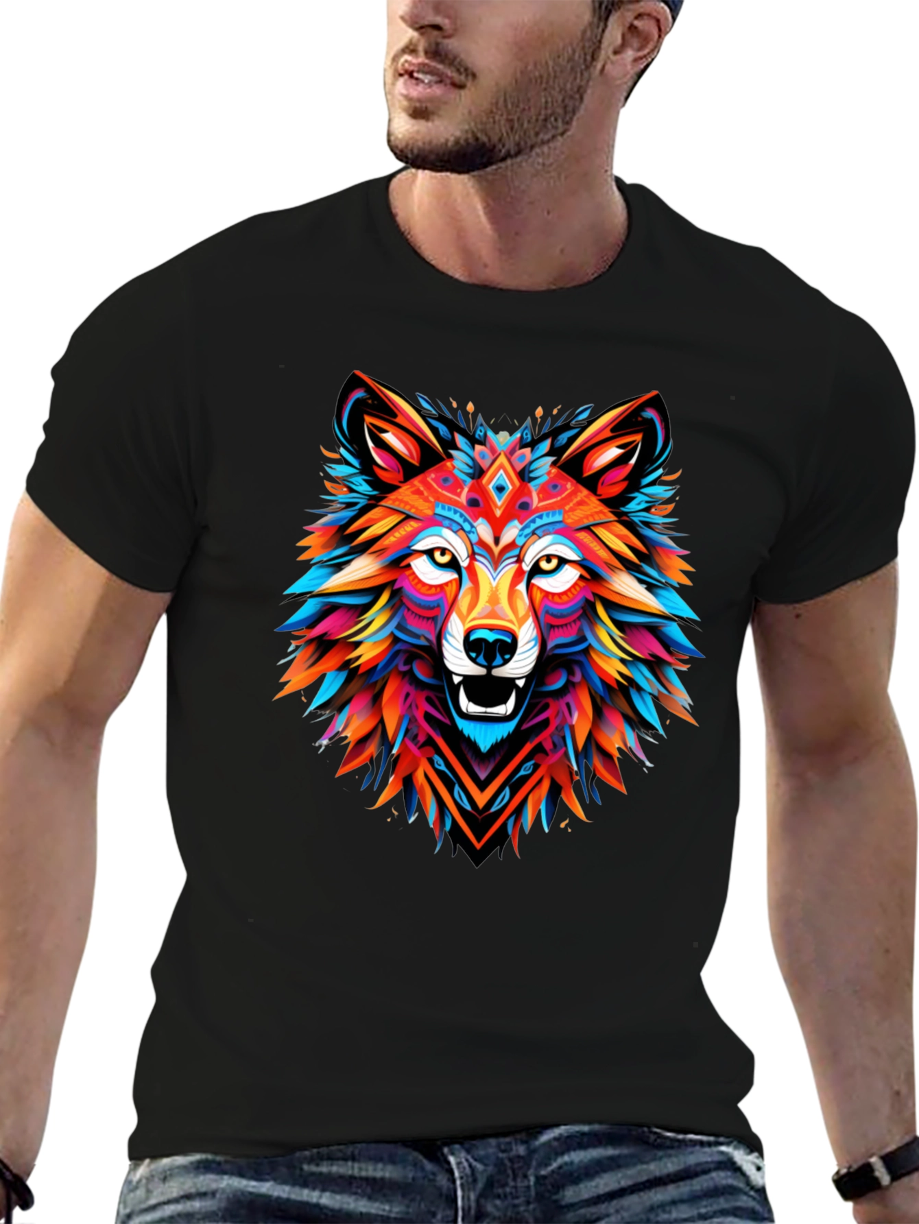 Vibrant Wolf Graphic Tee - Mens Black T-Shirt