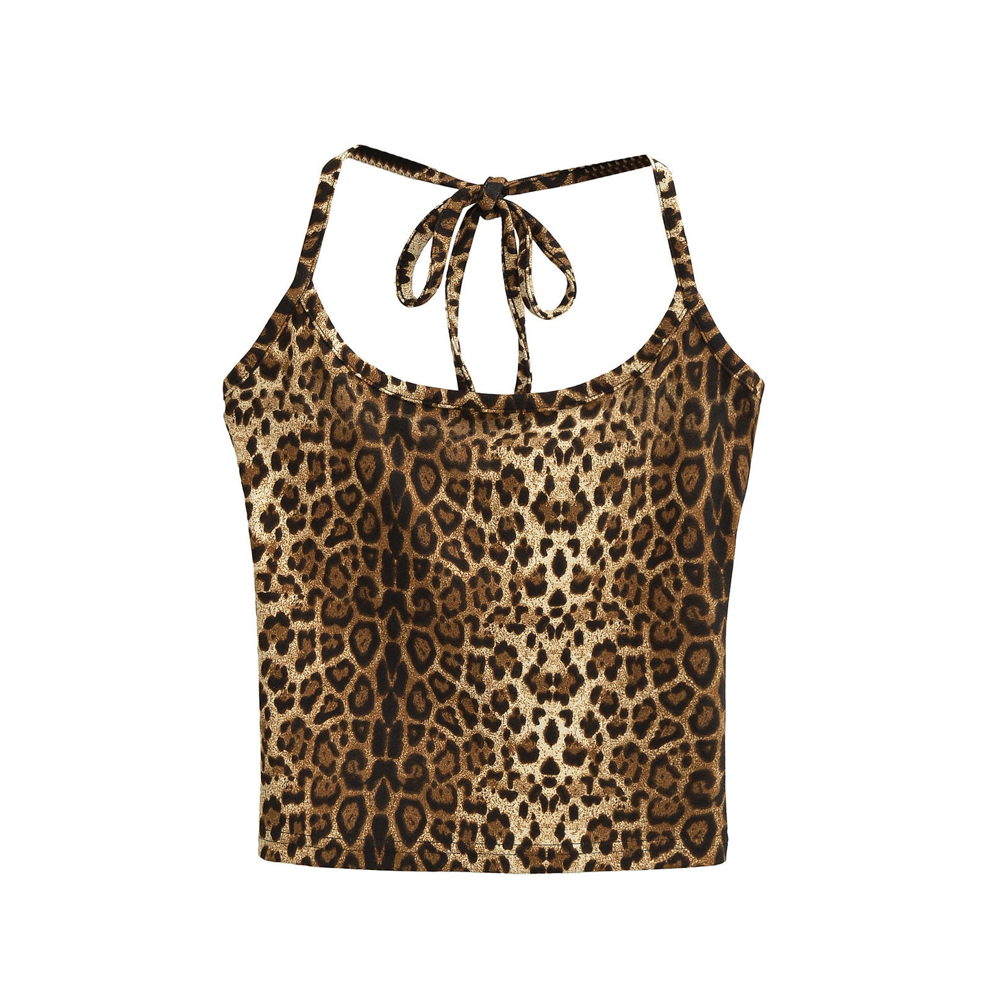Two piece leopard print halter top+drawstring low waisted shorts