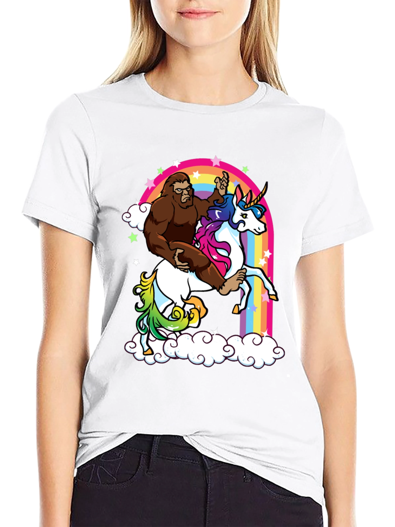 Sasquatch Riding Unicorn Rainbow T-Shirt