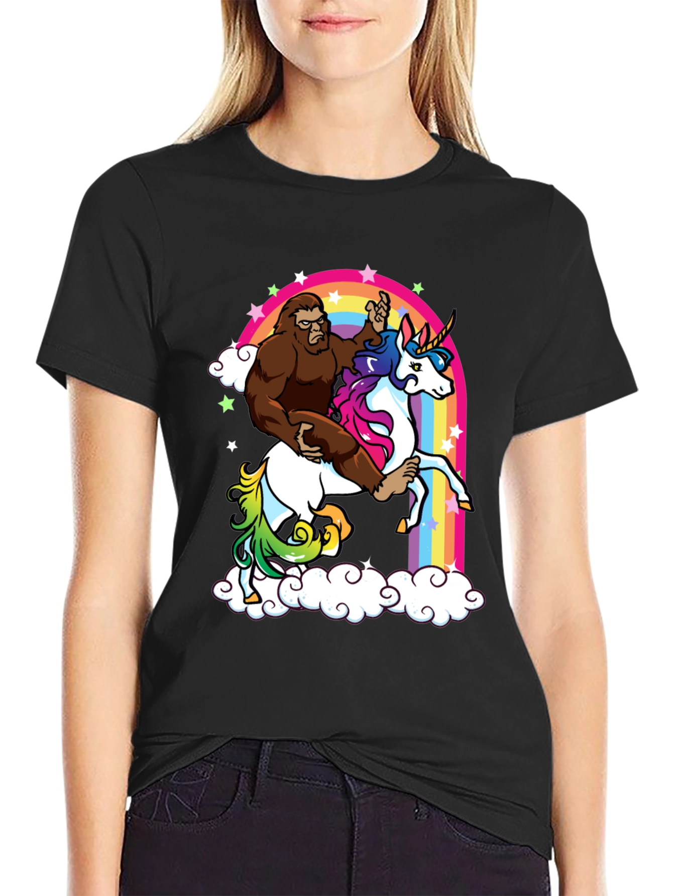Sasquatch Riding Unicorn Rainbow T-Shirt
