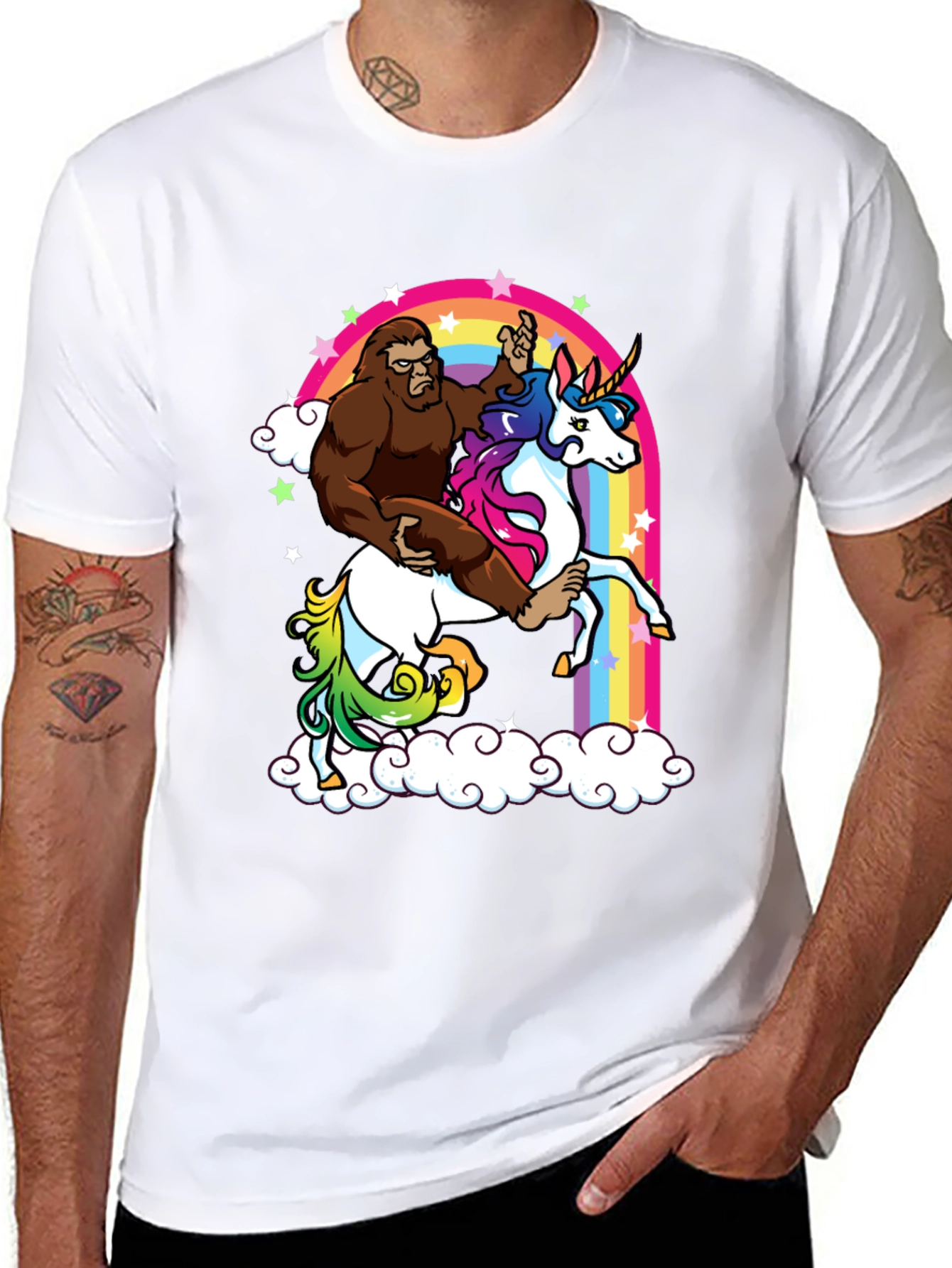 Sasquatch Riding Unicorn Rainbow T-Shirt