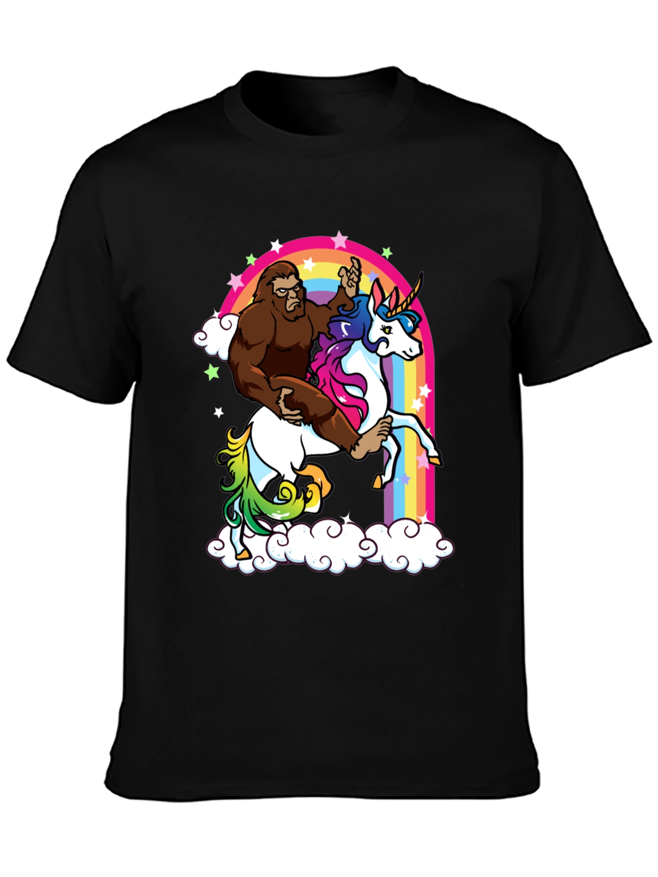 Sasquatch Riding Unicorn Rainbow T-Shirt