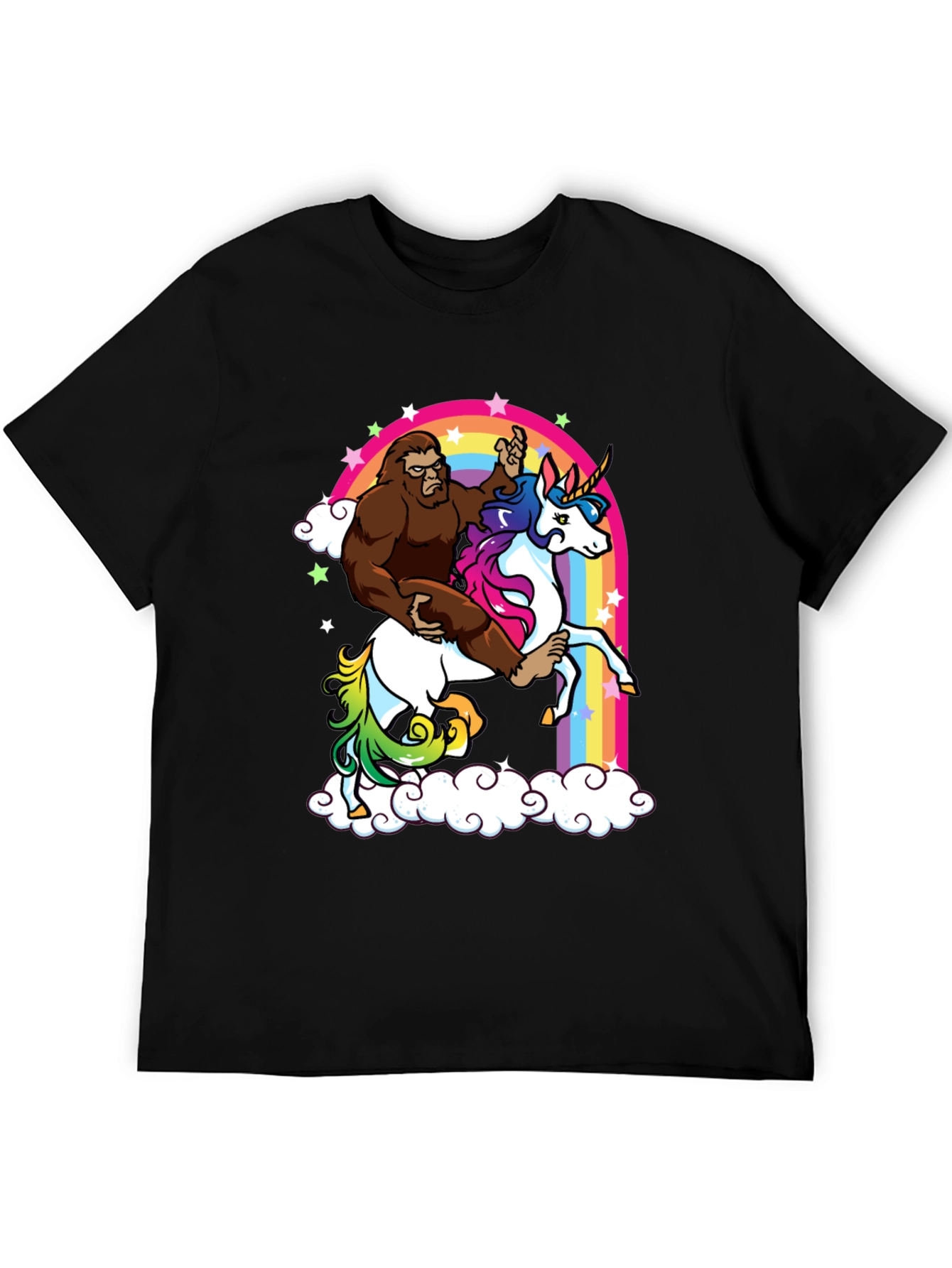 Sasquatch Riding Unicorn Rainbow T-Shirt