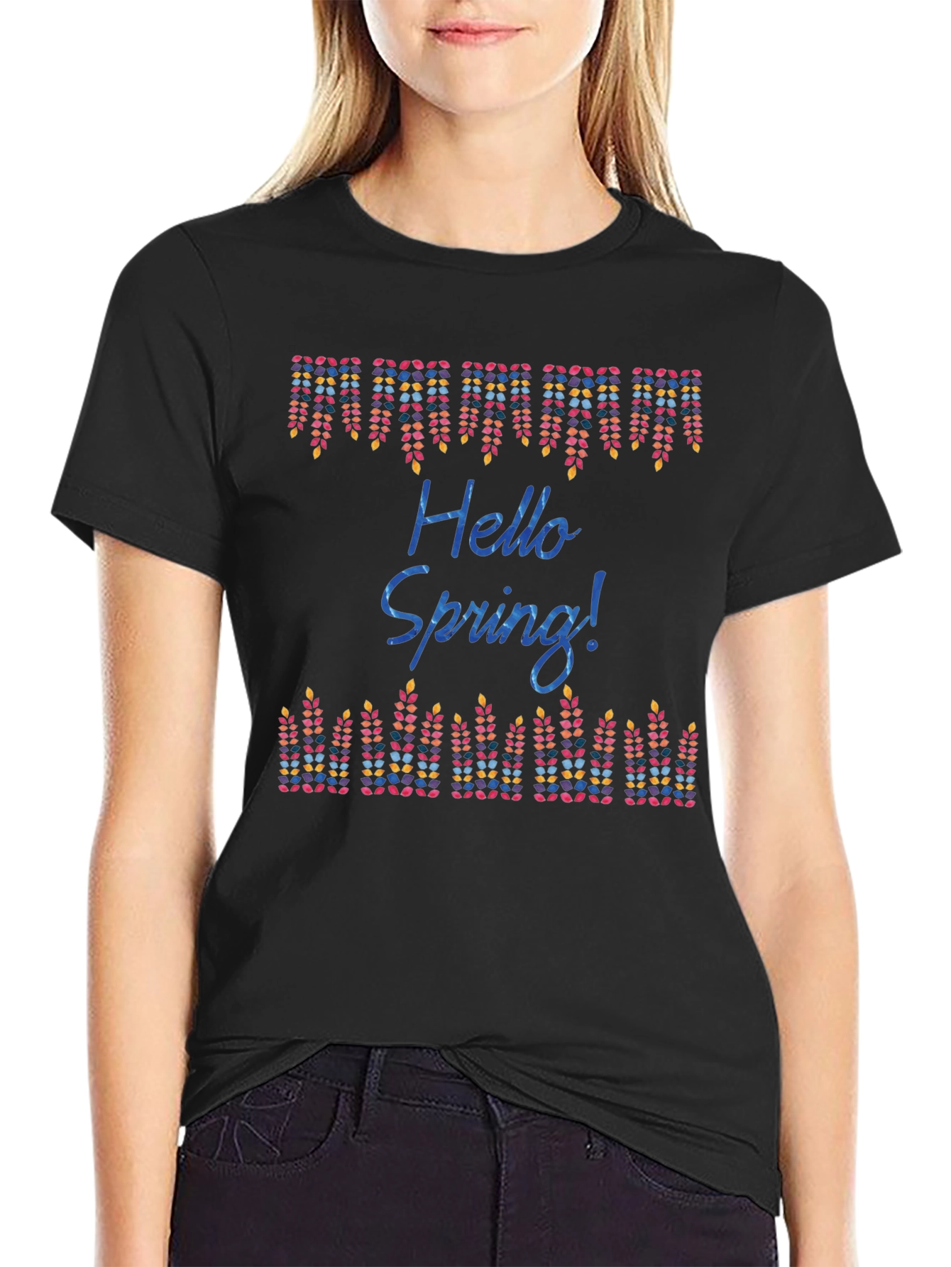 Hello Spring! Graphic Print Black T-Shirt