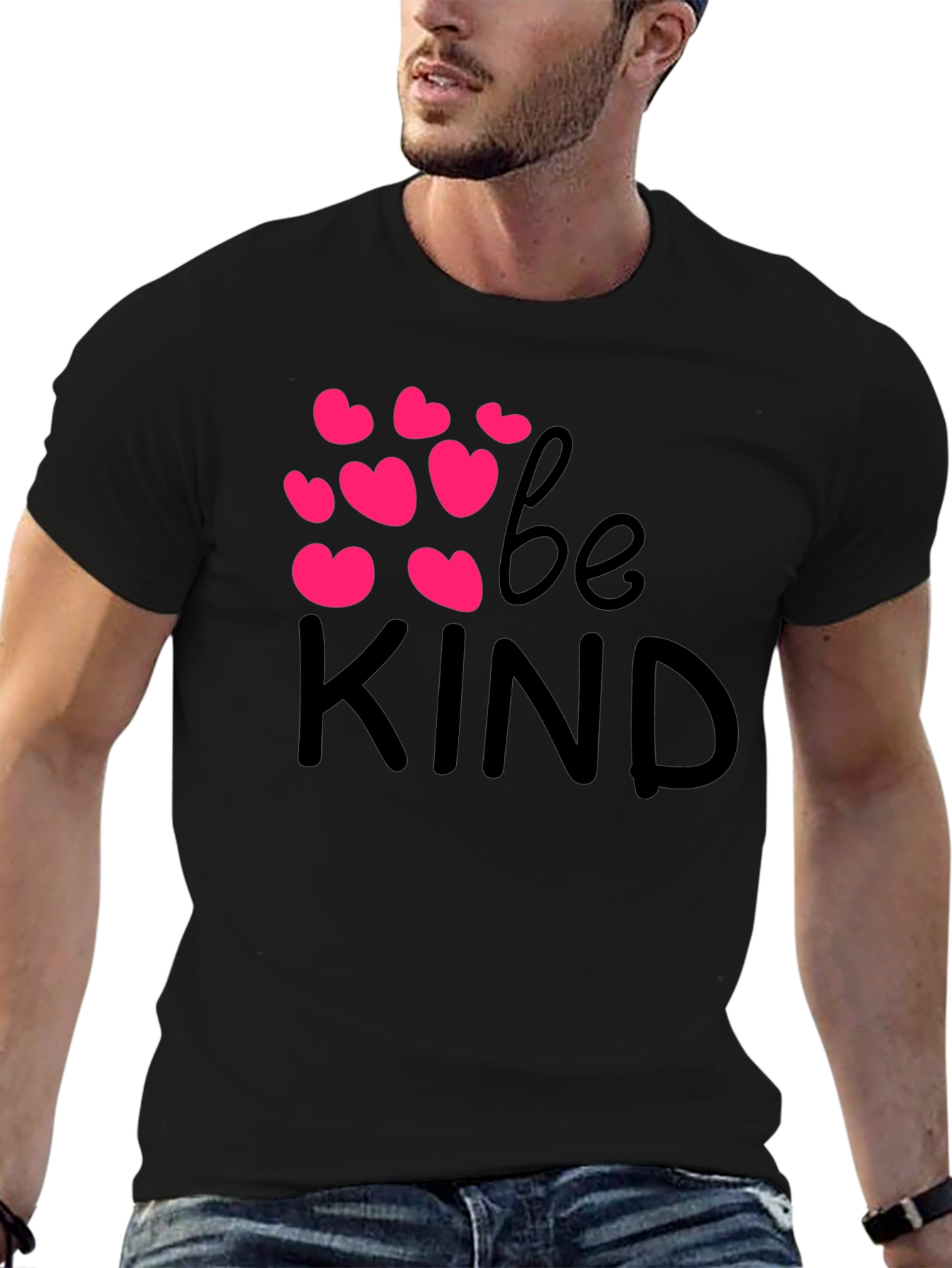 Be Kind Black T-Shirt with Pink Hearts