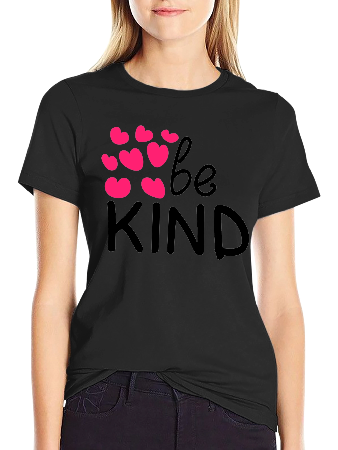 Be Kind Black T-Shirt with Pink Hearts