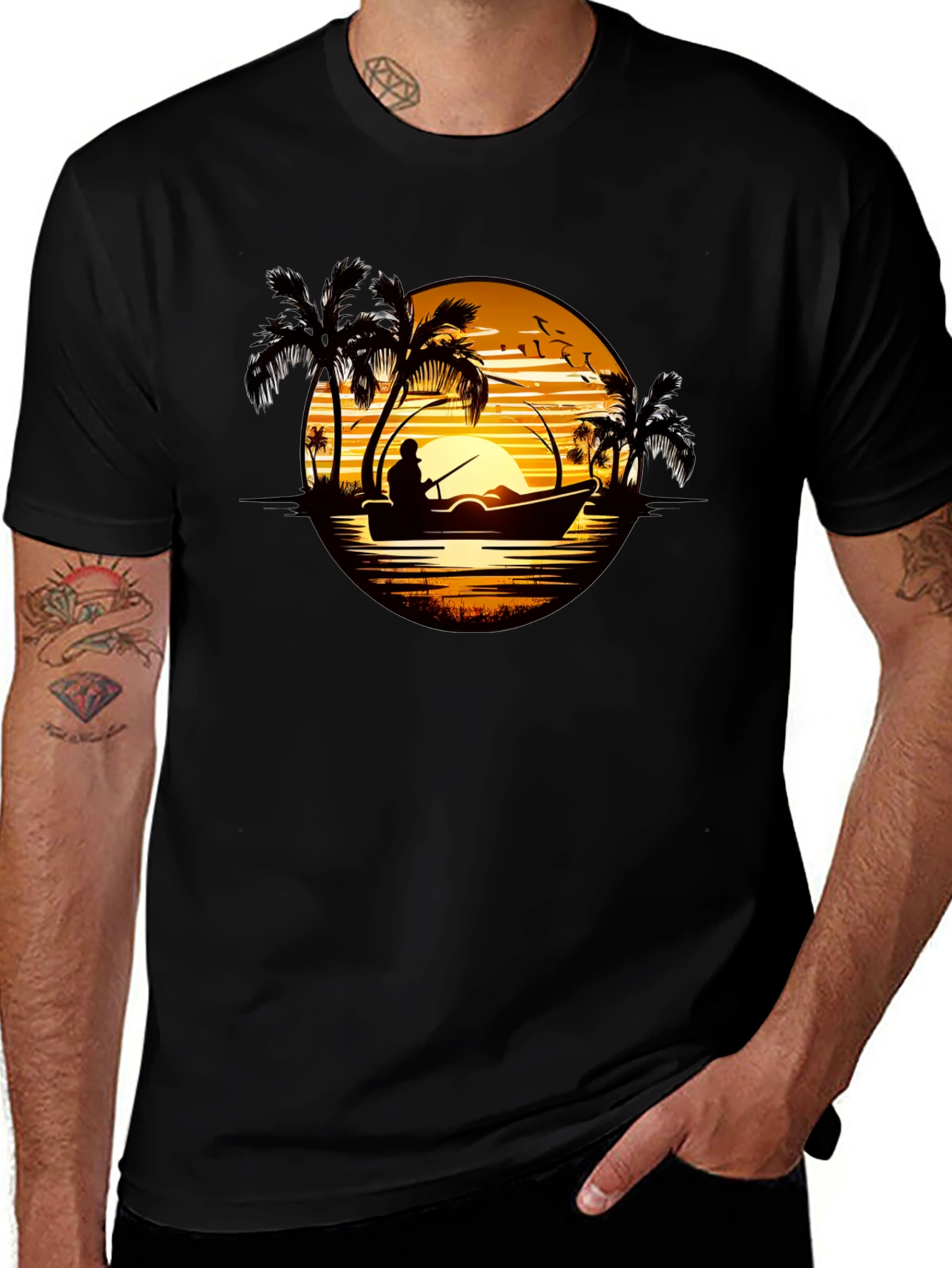 Sunset Fishing T-Shirt: Tropical Fisherman Design