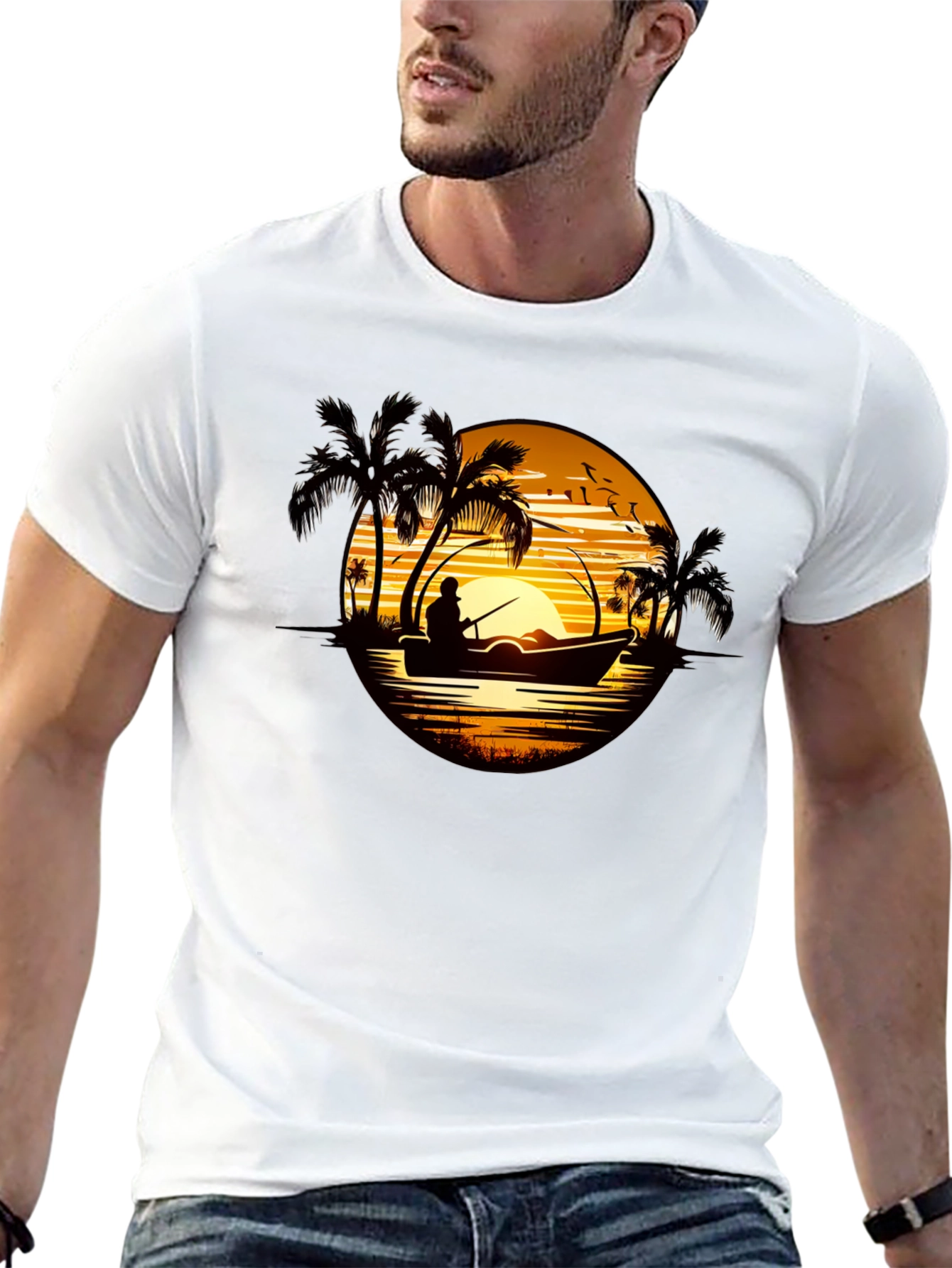 Sunset Fishing T-Shirt: Tropical Fisherman Design