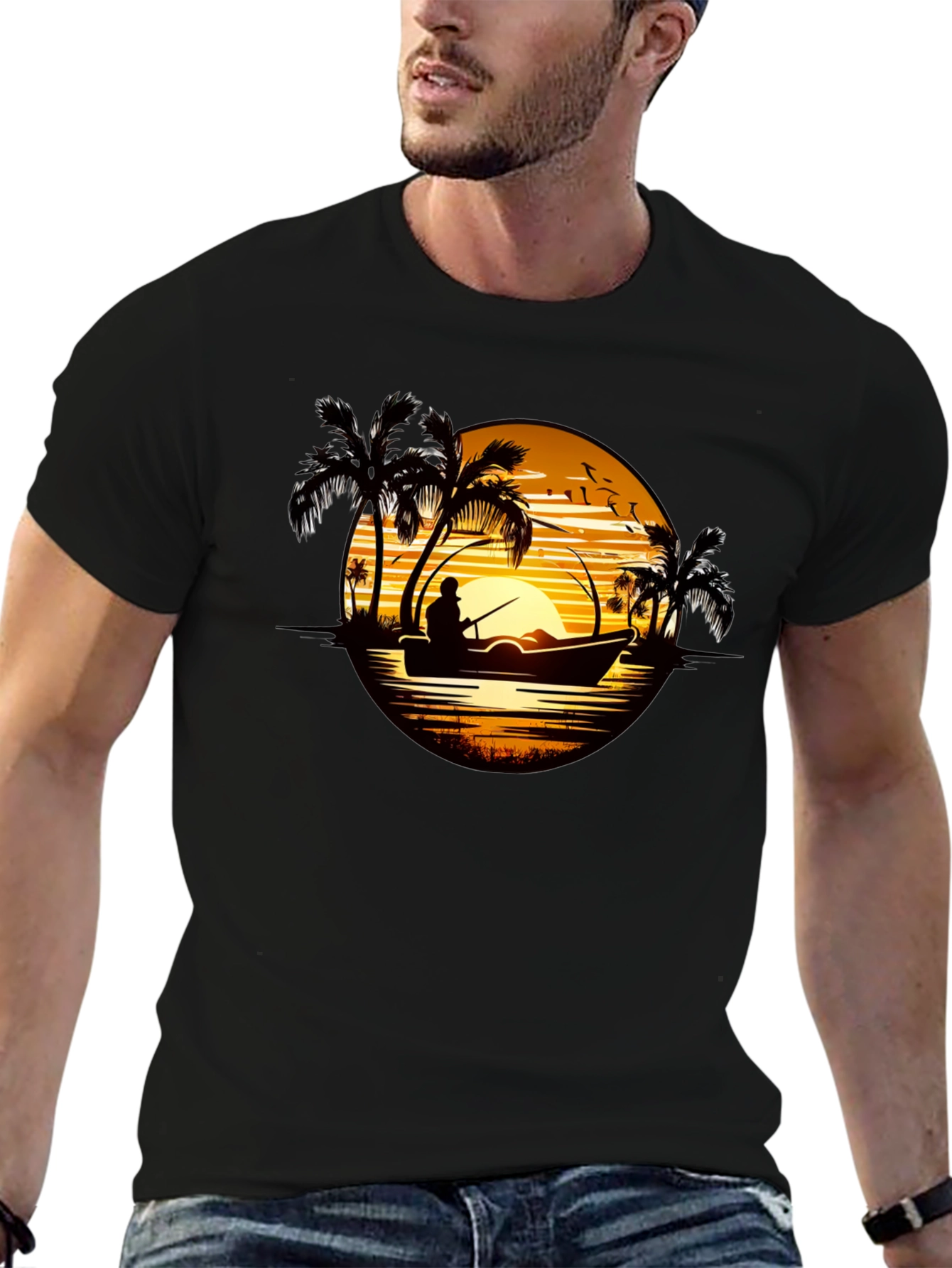 Sunset Fishing T-Shirt: Tropical Fisherman Design