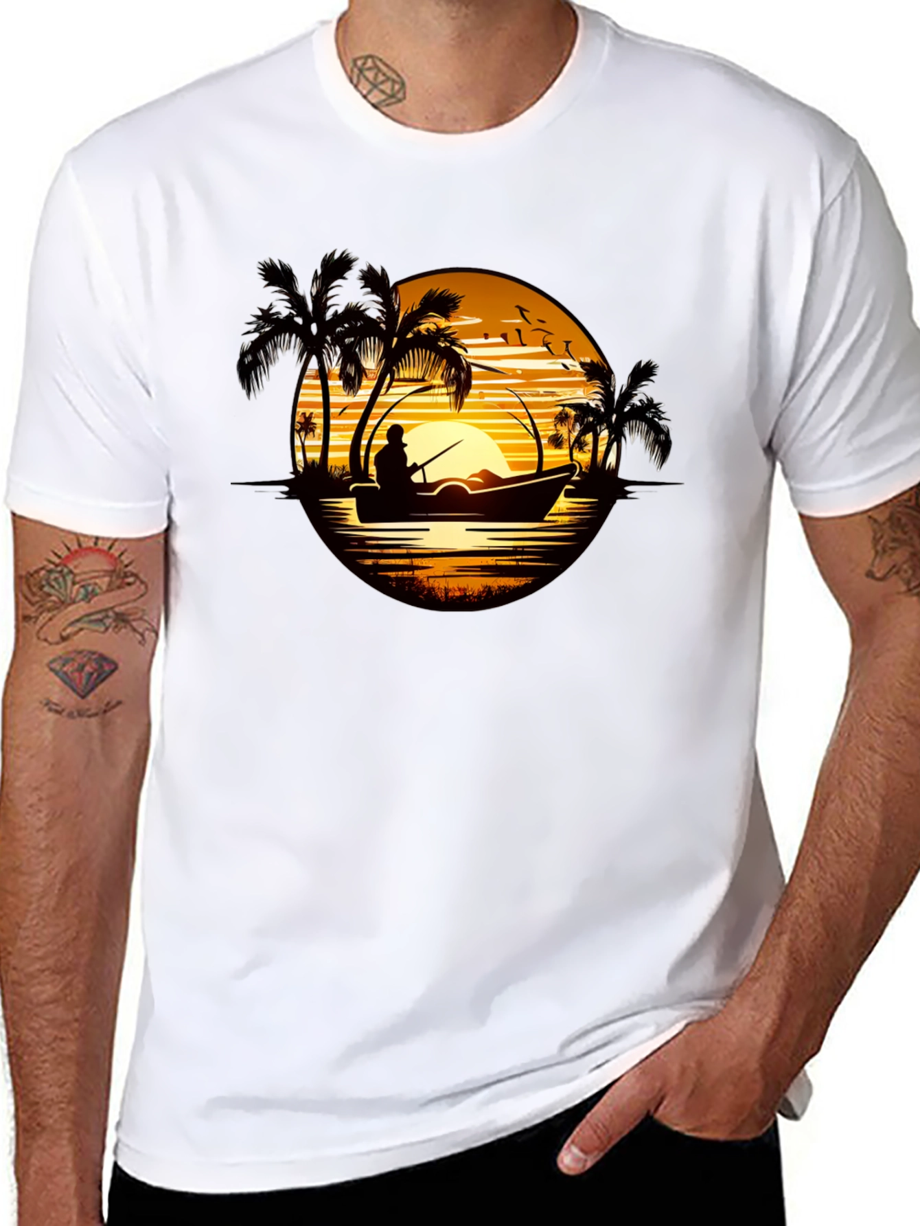 Sunset Fishing T-Shirt: Tropical Fisherman Design