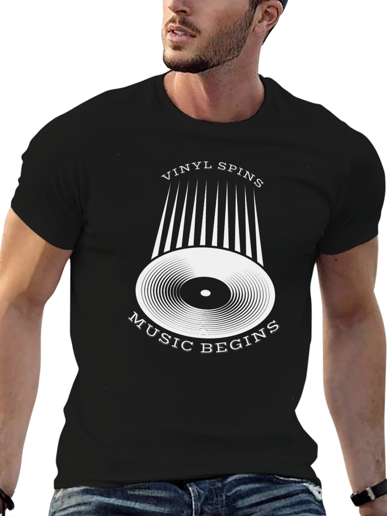 Vinyl Spins Music Begins Black Graphic Tee
