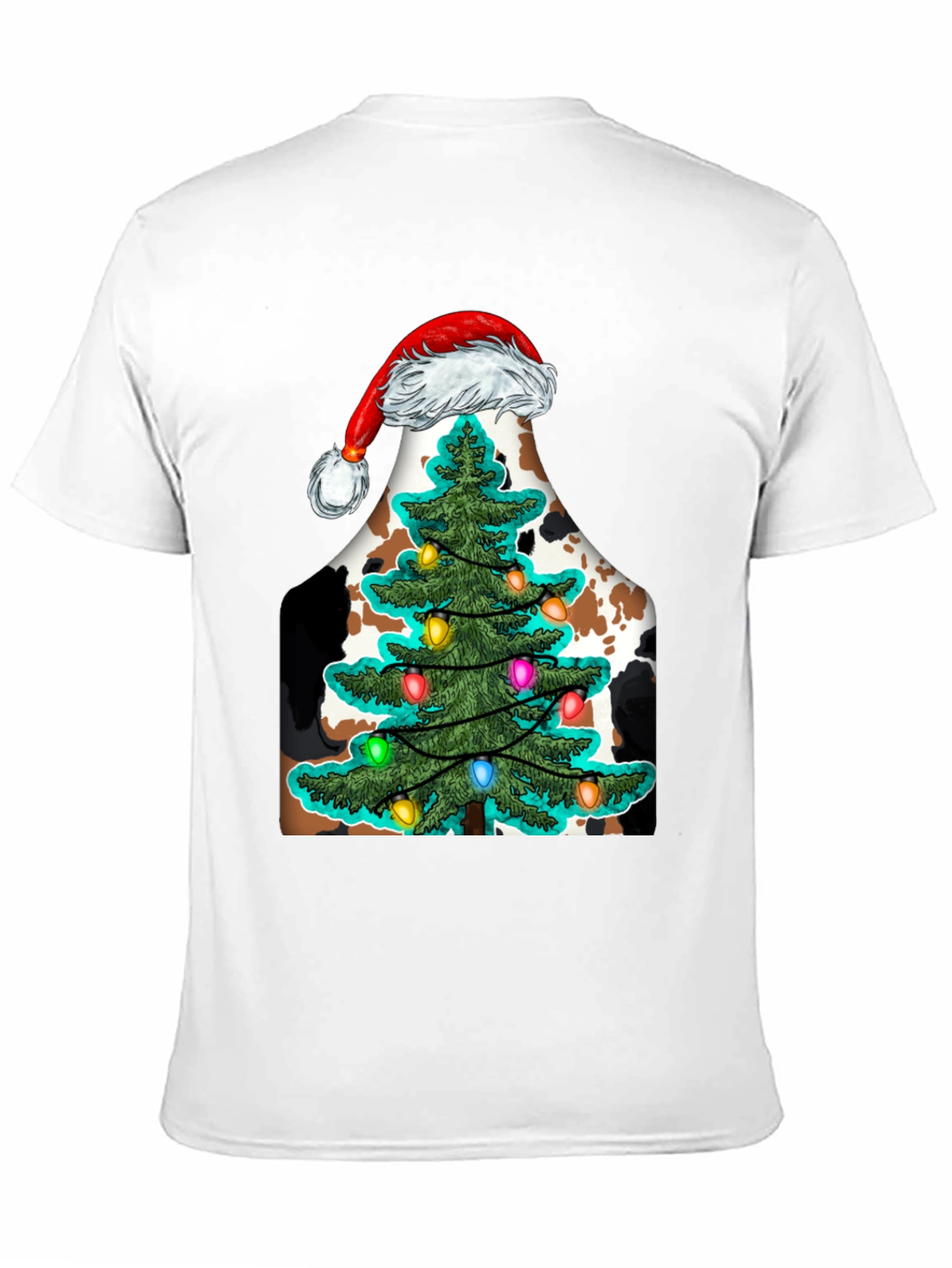 Christmas Cow Tee with Santa Hat & Tree