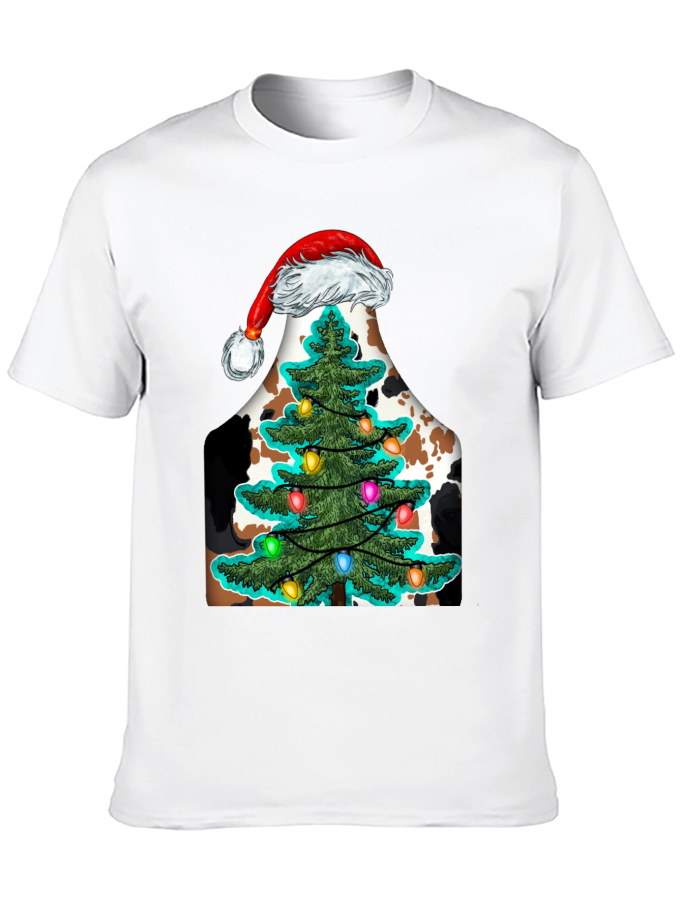 Christmas Cow Tee with Santa Hat & Tree