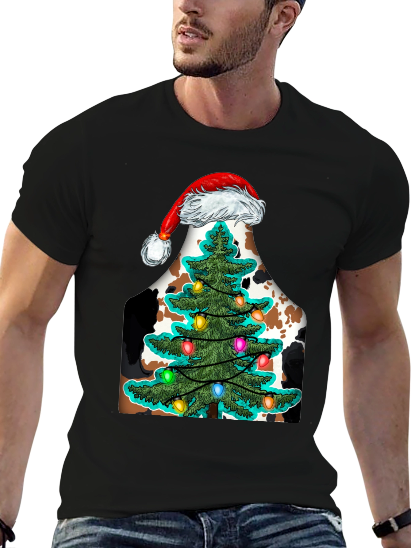 Christmas Cow Tee with Santa Hat & Tree