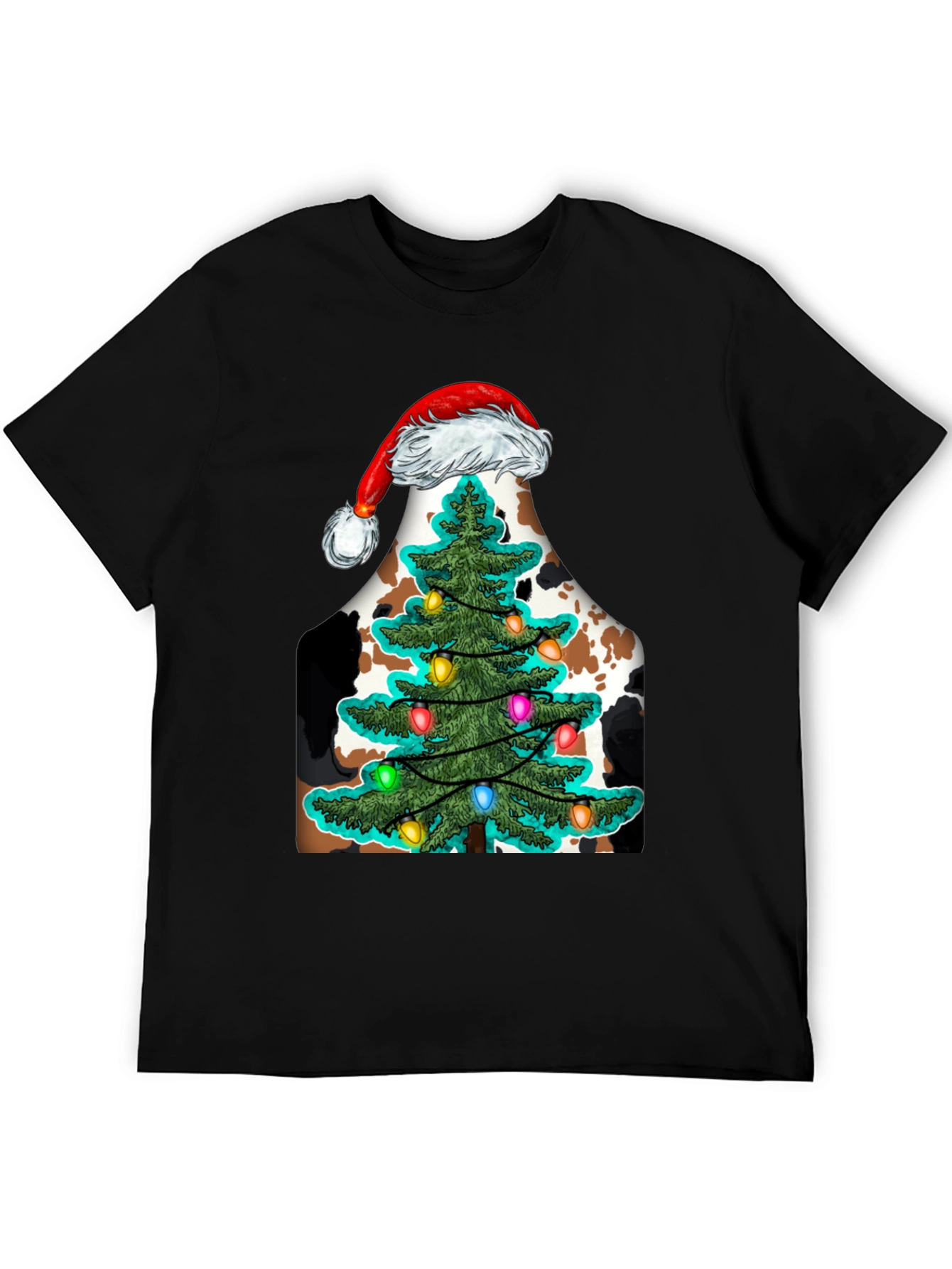Christmas Cow Tee with Santa Hat & Tree