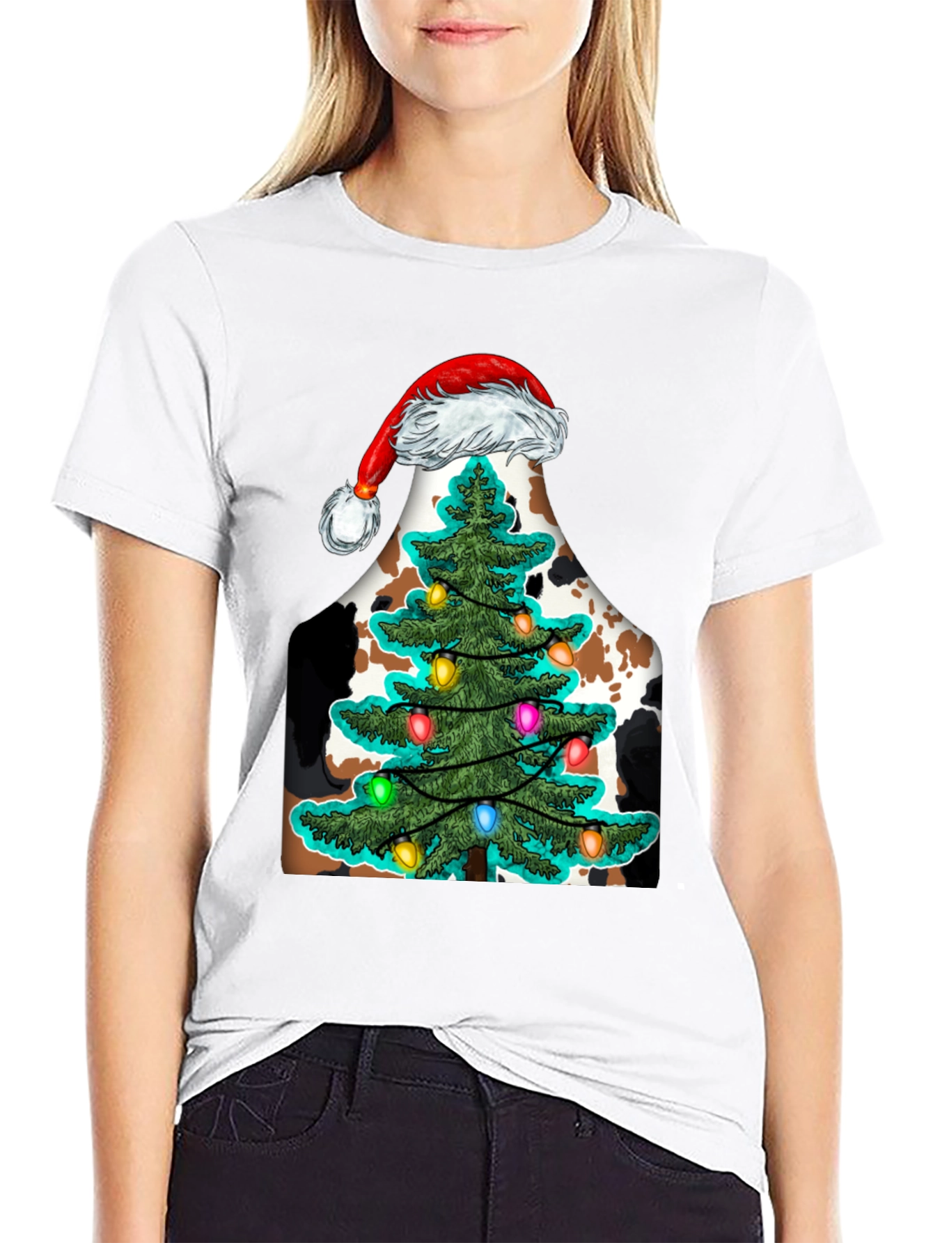 Christmas Cow Tee with Santa Hat & Tree