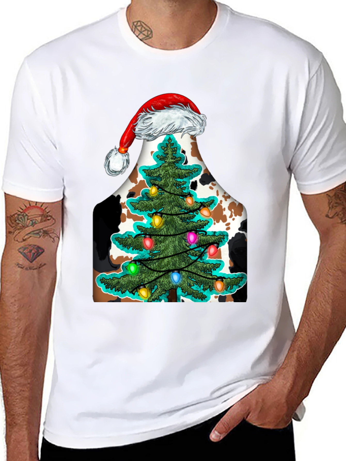 Christmas Cow Tee with Santa Hat & Tree