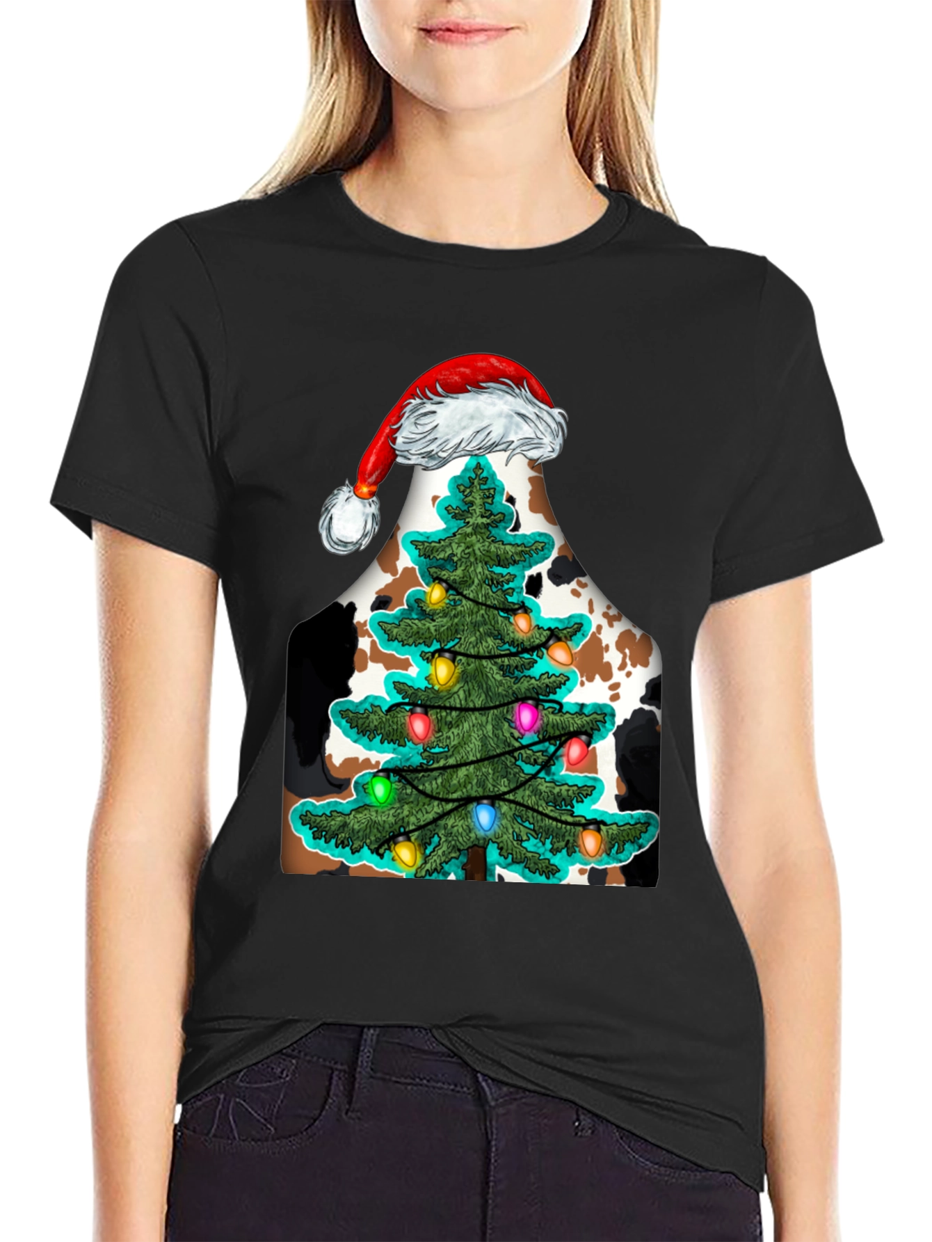 Christmas Cow Tee with Santa Hat & Tree