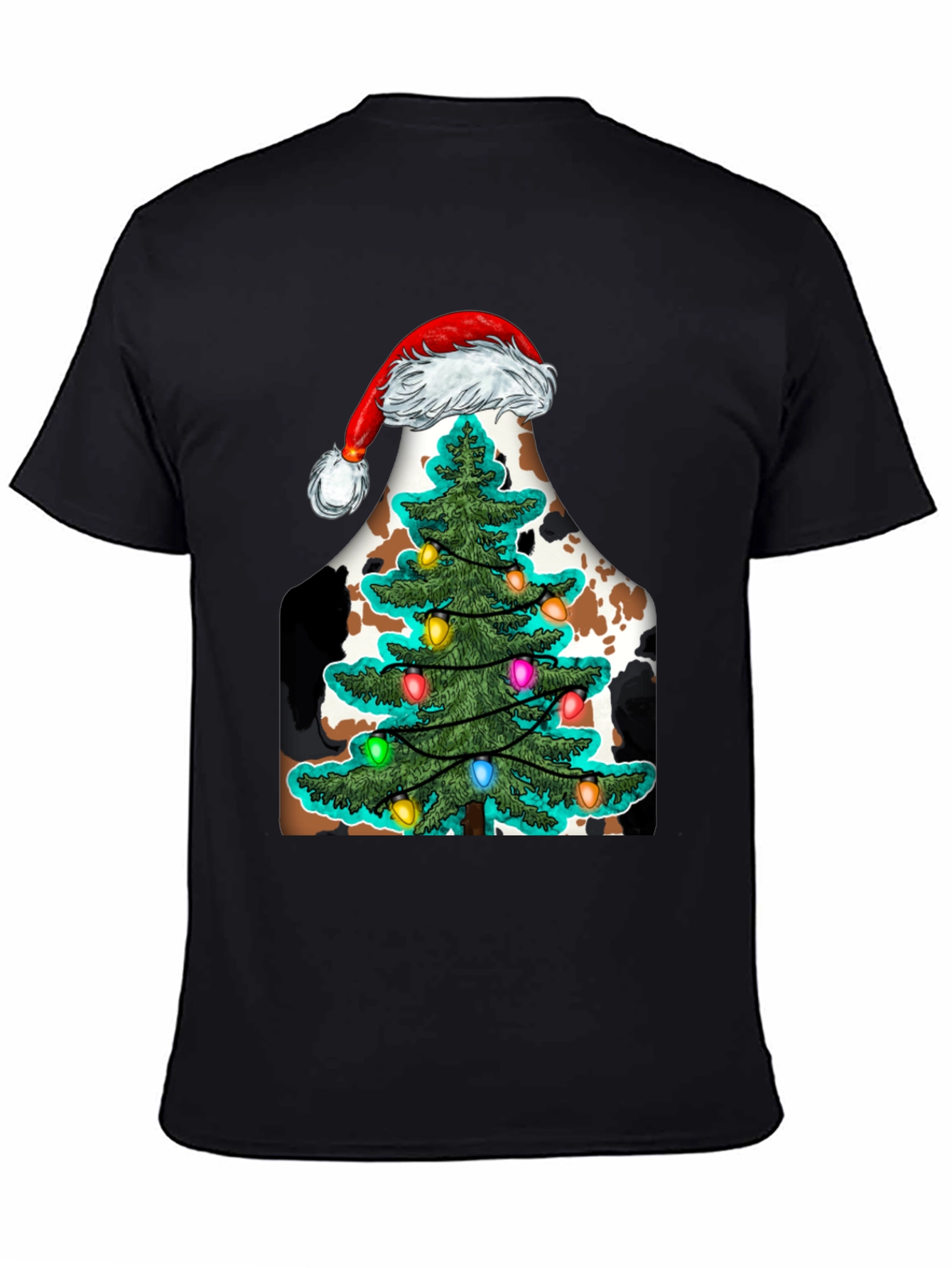 Christmas Cow Tee with Santa Hat & Tree
