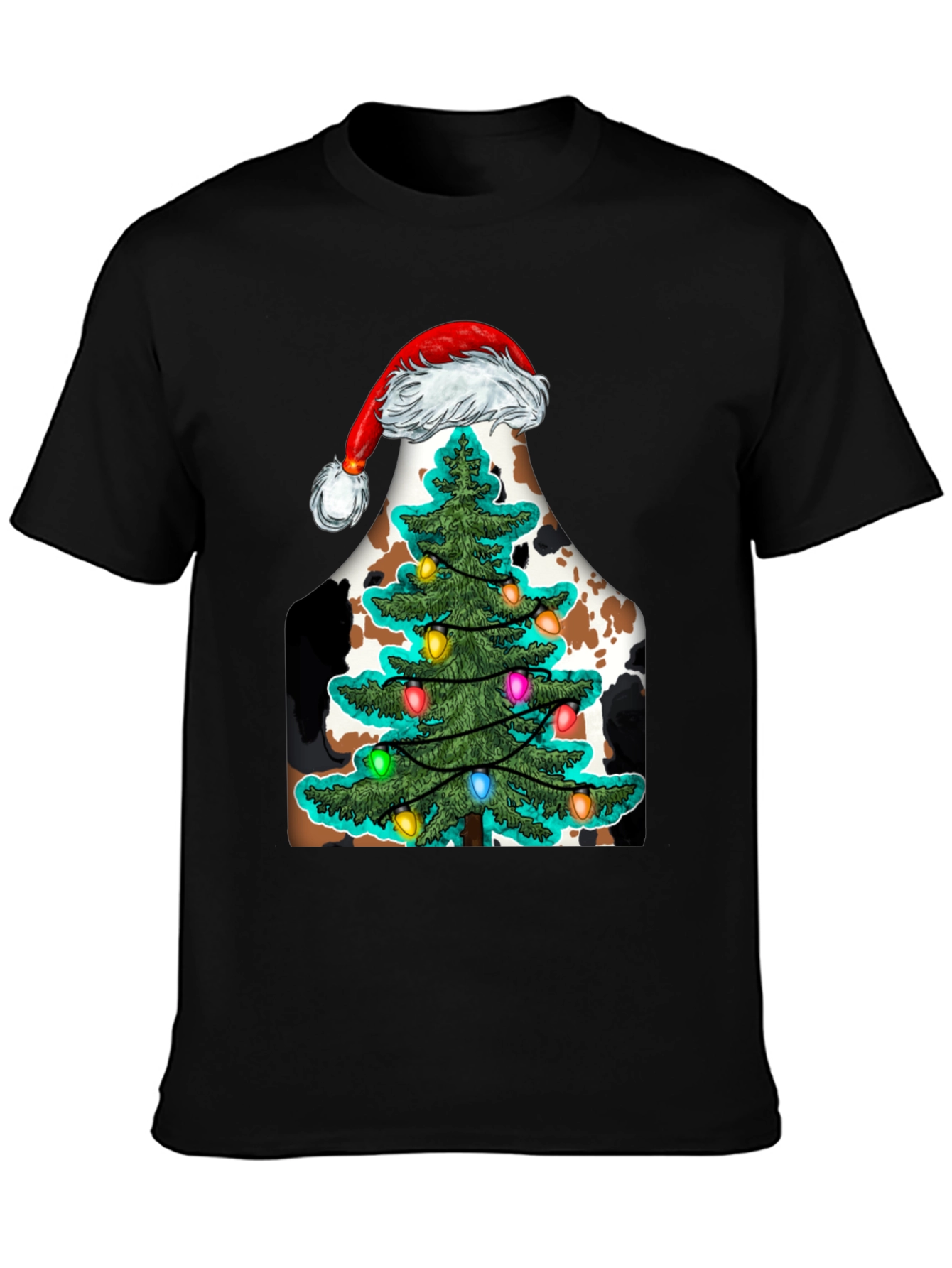 Christmas Cow Tee with Santa Hat & Tree
