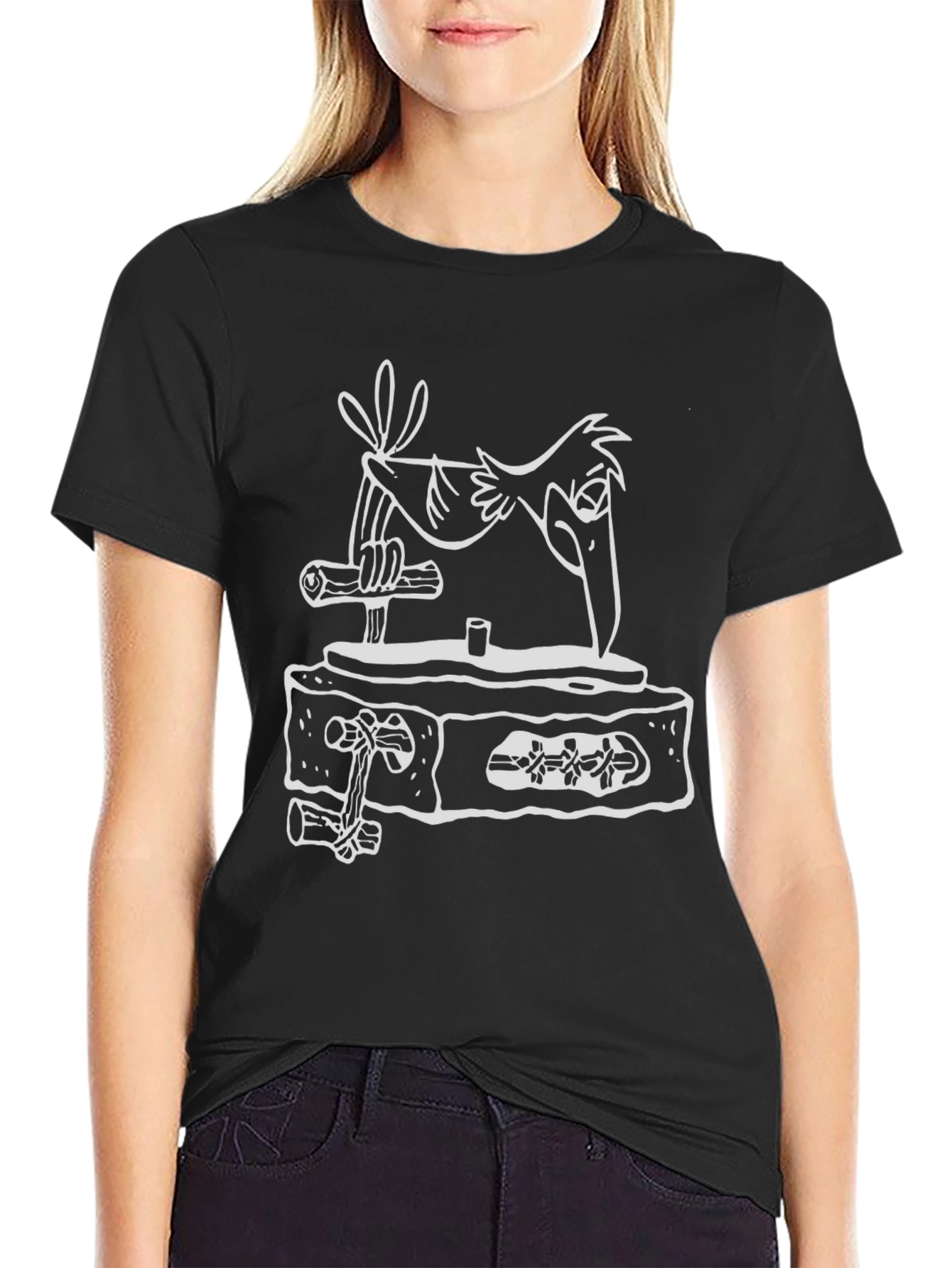 Cartoon Bird Graphic Tee - Black Cotton Shirt