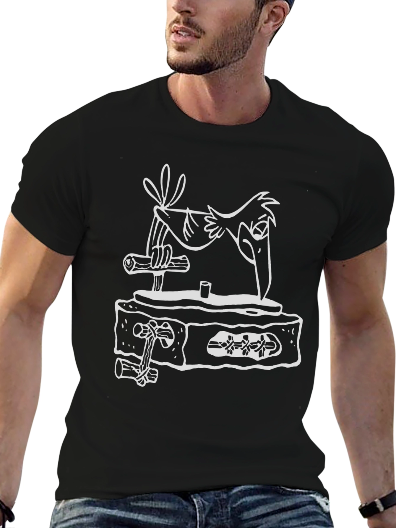 Cartoon Bird Graphic Tee - Black Cotton Shirt