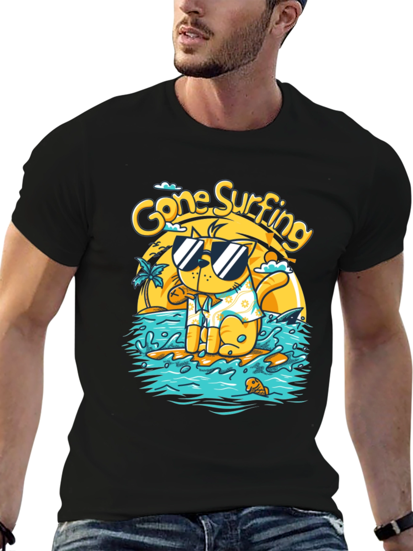 Gone Surfing Cat Graphic T-Shirt
