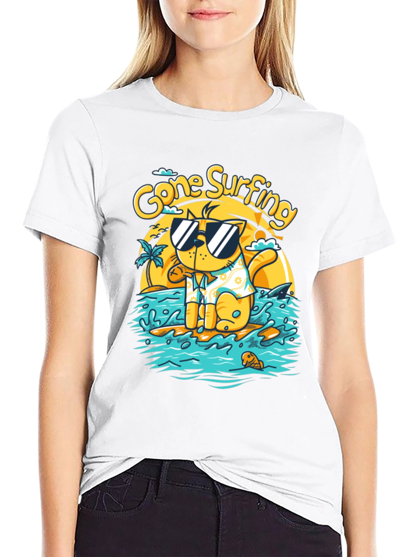 Gone Surfing Cat Graphic T-Shirt
