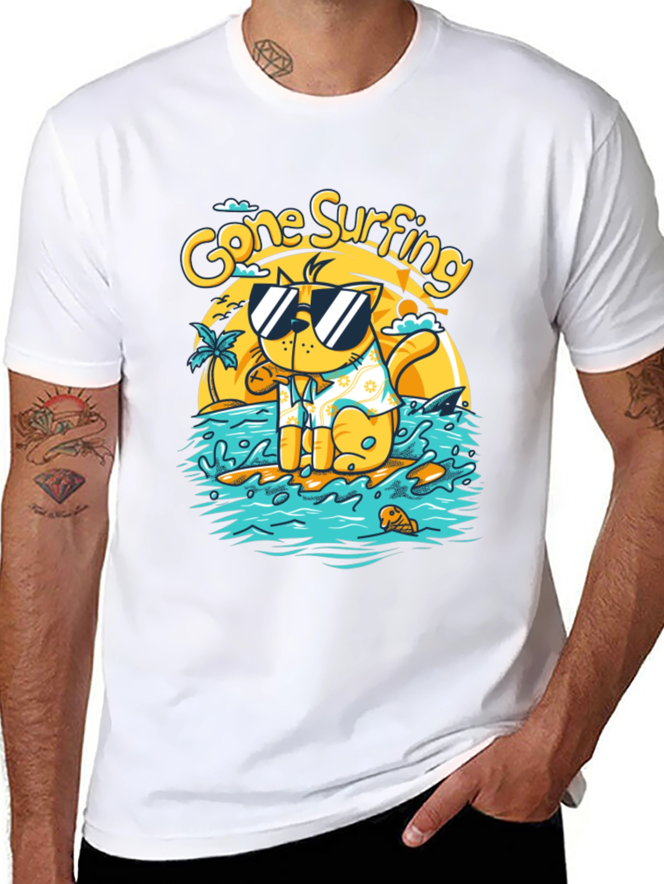 Gone Surfing Cat Graphic T-Shirt